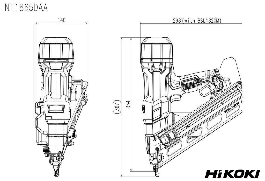Technische Zeichnung des Hikoki-Modells NT1865DAA Nagler, mit Vorder- und Seitenansicht und Abmessungen: Breite 140 mm, Höhe 357 mm, Länge 298 mm (mit BSL1820M).