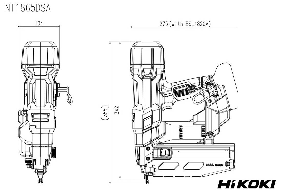 Eine technische Zeichnung des Nagelpistollenmodells NT1865DSA von HiKOKI, die Seitenansichten mit Abmessungen von 104 x 355 mm und 342 x 275 mm zeigt.