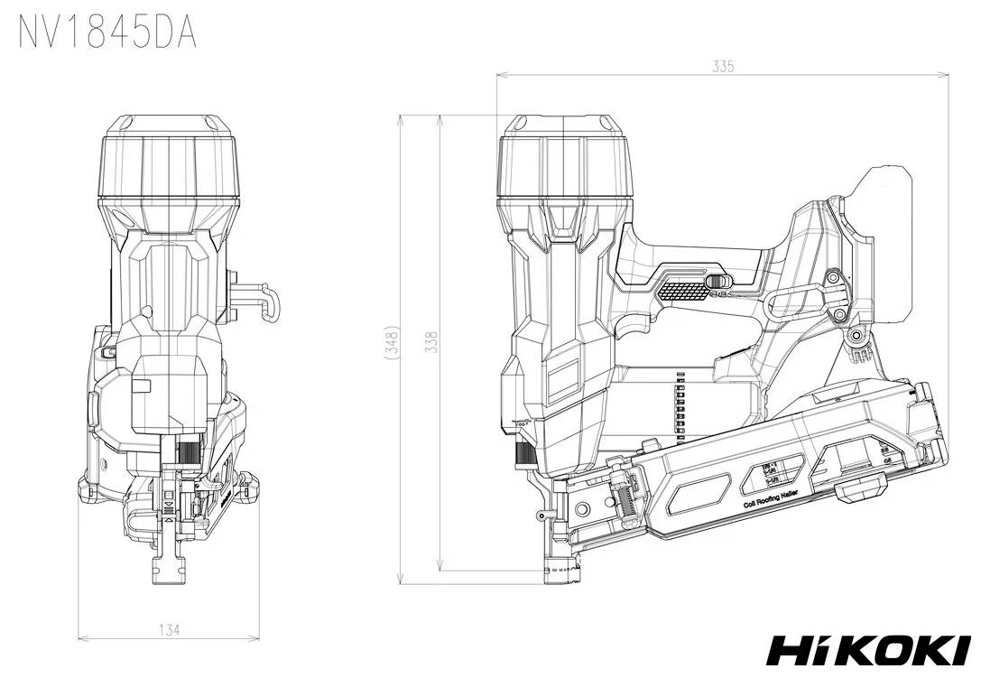 Technische Zeichnung eines HiKOKI NV1845DA Naglers, mit Vorder- und Seitenansicht sowie Abmessungen, mit Betonung der Konstruktionsdetails.