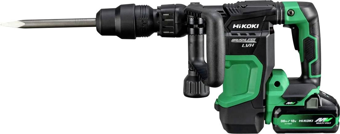 Ein kabelloser grüner und schwarzer Akkuschrauber mit Meißelaufsatz, mit der Aufschrift 'Hikoki', ausgestattet mit einem bürstenlosen Motor für effiziente Leistung.