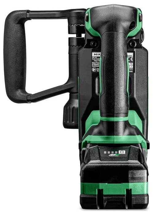 Ein grünes und schwarzes Handwerkzeug mit Griff und elektronischer Anzeige, möglicherweise für Bau- oder Montagetätigkeiten verwendet.