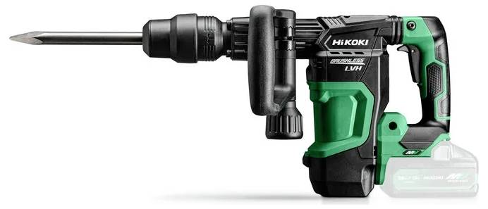 Eine grüne und schwarze kabellose Akku-Bohrmaschine von HiKOKI, Modell AWSES-25V, mit einem seitlichen Griff für Stabilität und einem sichtbaren Akkupack.