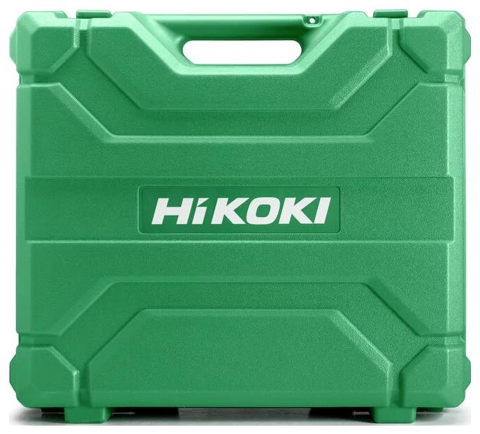 Eine grüne Kunststoff-Werkzeugbox mit Griff, auf deren Vorderseite das 'HiKoki'-Logo prominent zu sehen ist.