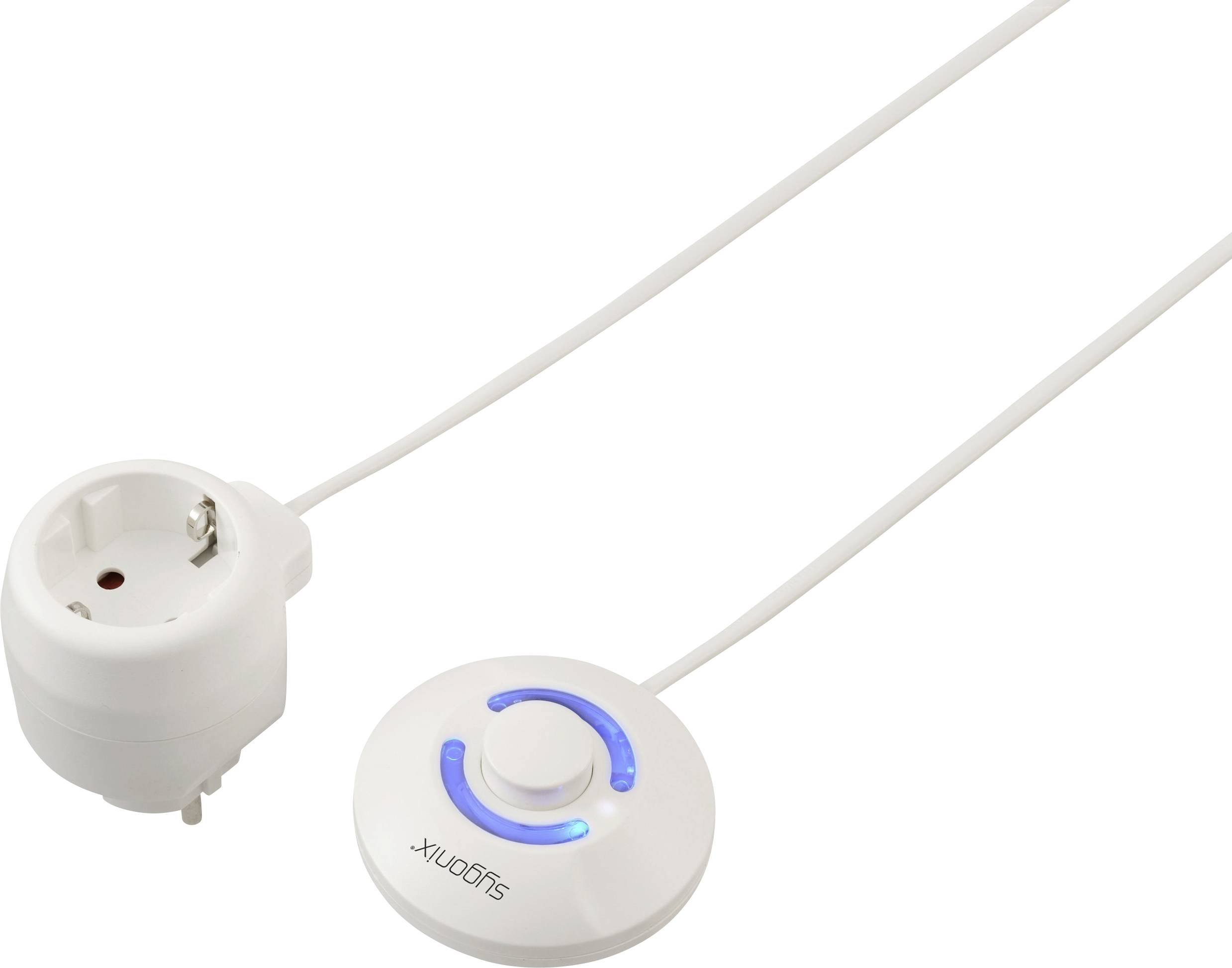 Ein Netzteil mit einem angeschlossenen Steuergerät, das einen kreisförmigen Knopf und blau leuchtende Indikatoren auf weißem Hintergrund aufweist.