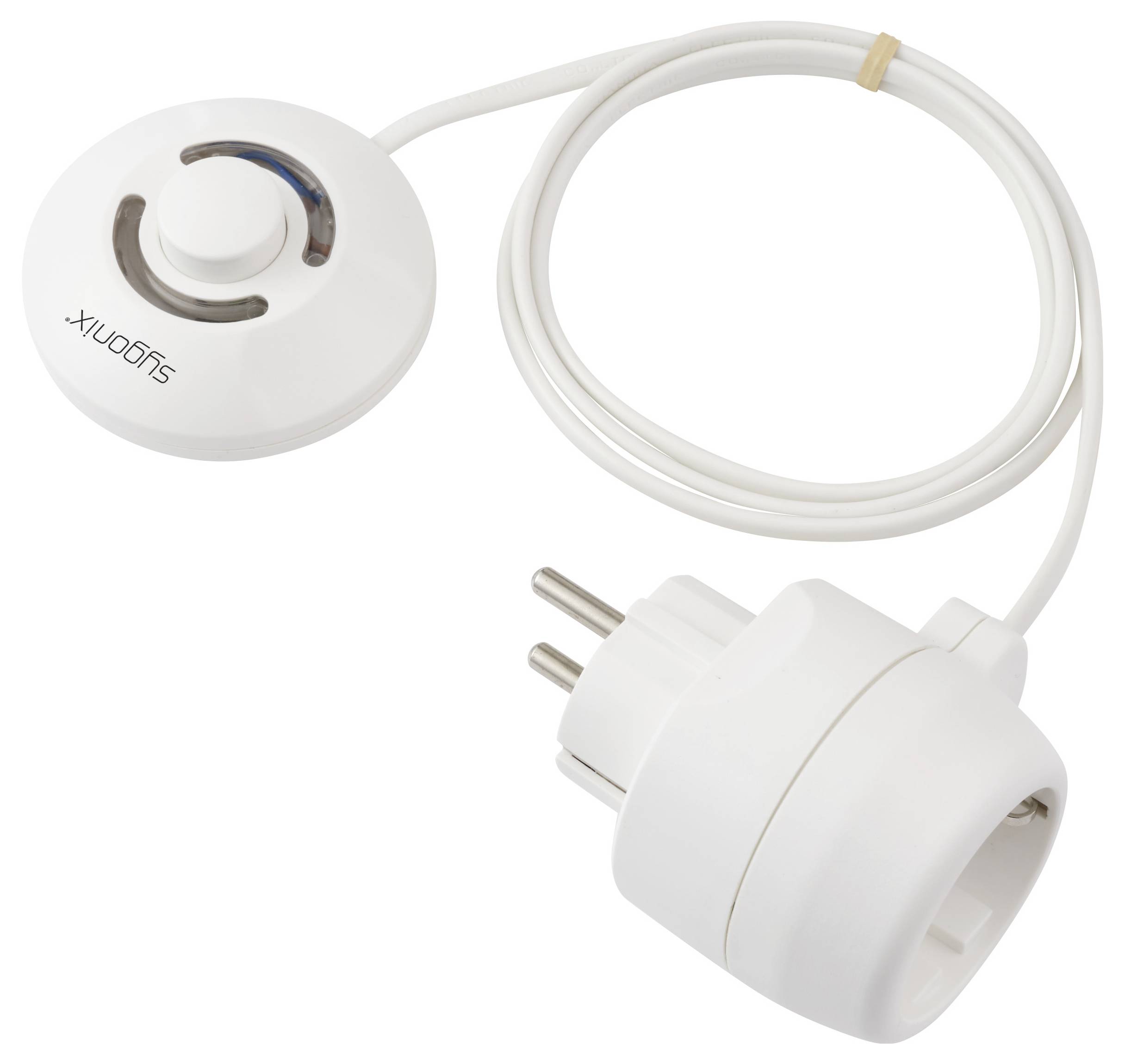 Eine weiße Netzsteckdose mit angeschlossenem Kabel. Der Markenname 'suguonx' ist auf einer kreisförmigen Komponente gedruckt, die mit der Steckdose verbunden ist.