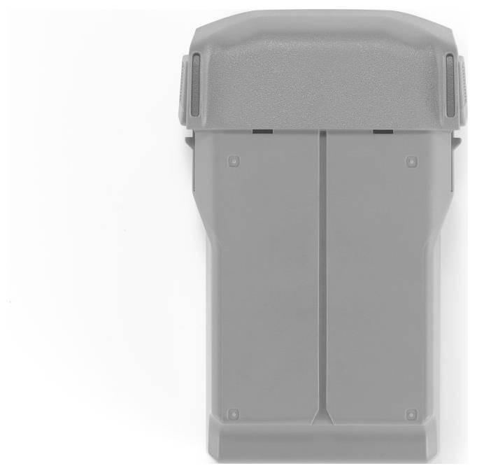 Eine graue, rechteckige Plastikbatterie mit strukturierter Oberfläche und zwei Verriegelungsclips an den Seiten, von oben gezeigt.