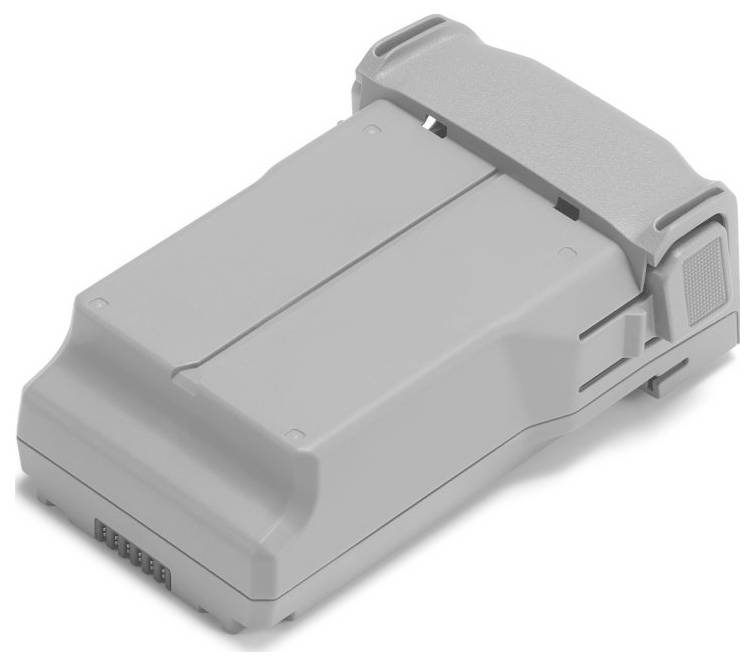 Eine graue rechteckige Drohnenbatterie mit Anschlüssen an einer Seite und einem Verschlussmechanismus für eine sichere Befestigung am Gerät.