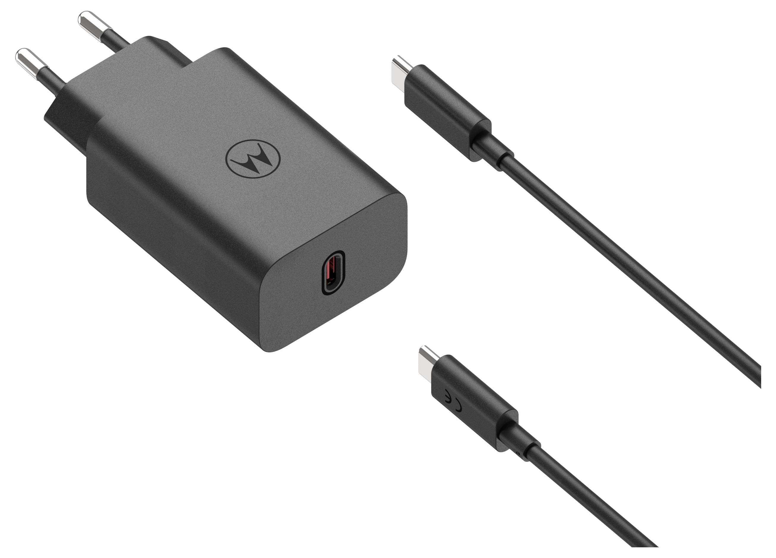A black wall charger and USB-C cable set for electronic devices, displaying a Europlug and branded logo.