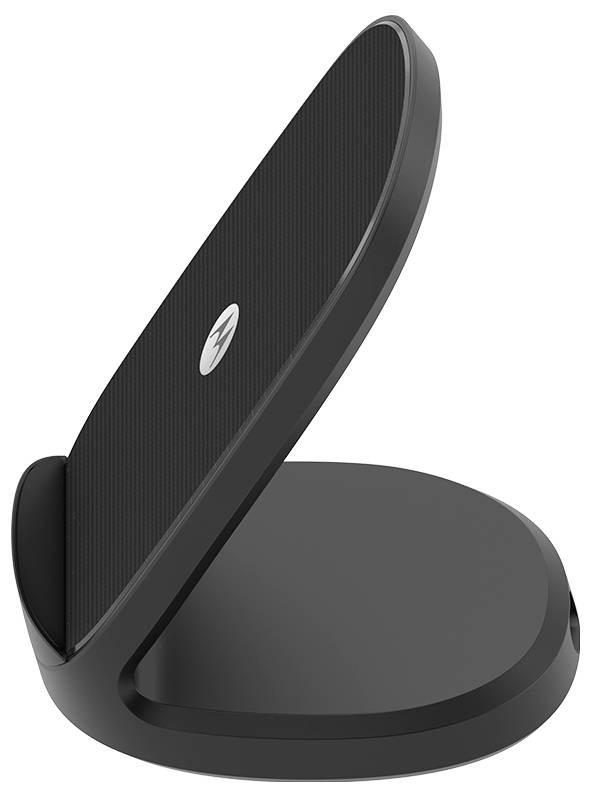 Schwarzer und schlanker Telefonständer mit einer geschwungenen, aufrechten Konstruktion und einem Logo in der Mitte.