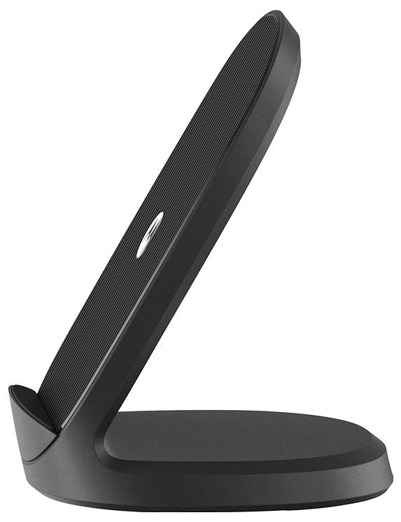 Ein schlanker, schwarzer kabelloser Ladeständer stützt ein Smartphone aufrecht für bequeme Sichtbarkeit, mit einem minimalistischen Design.