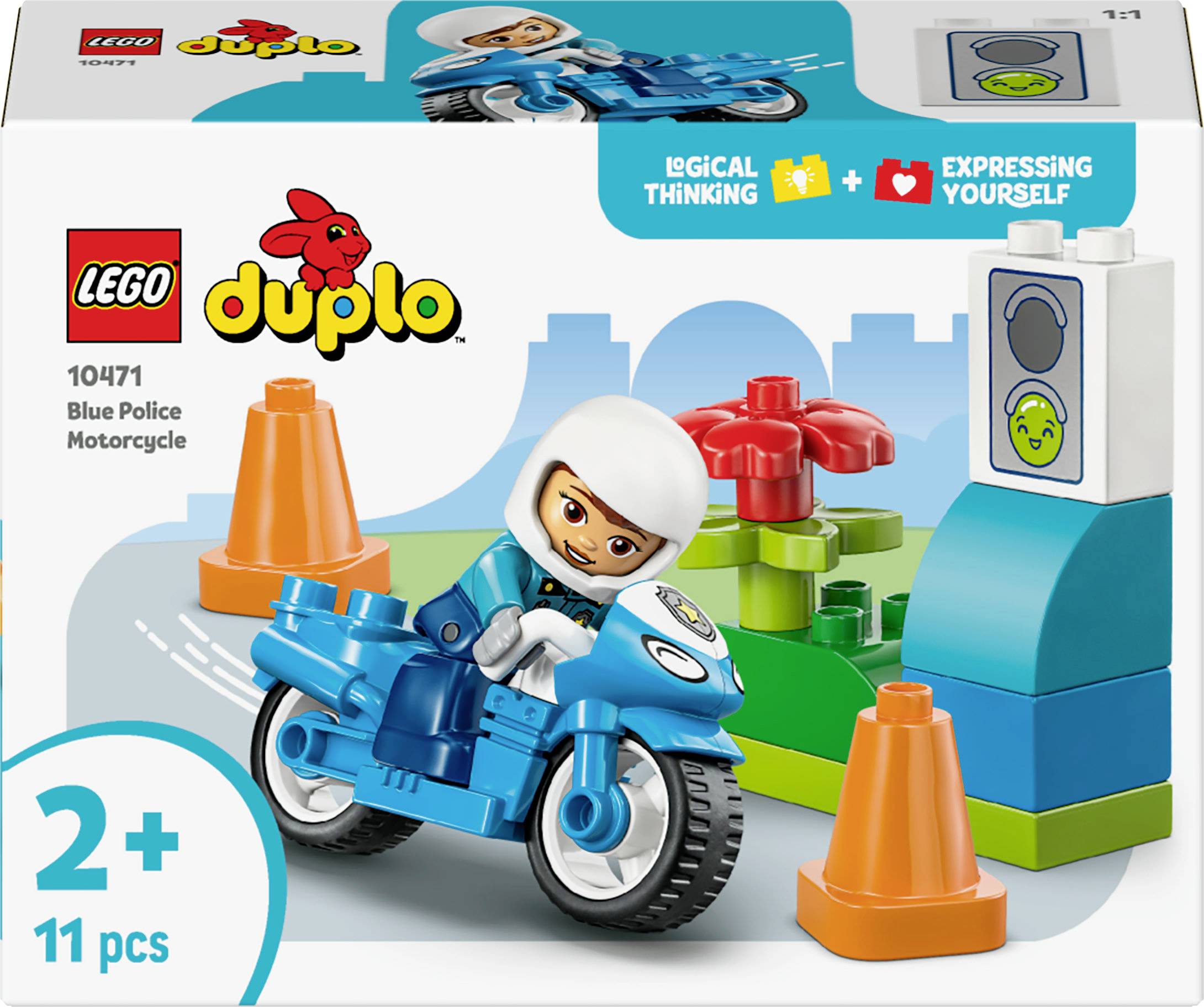 LEGO DUPLO Blaues Polizeimotorrad-Set für Kinder ab 2 Jahren, enthält einen Polizisten auf einem blauen Motorrad, Verkehrskegel und Straßenzubehör.
