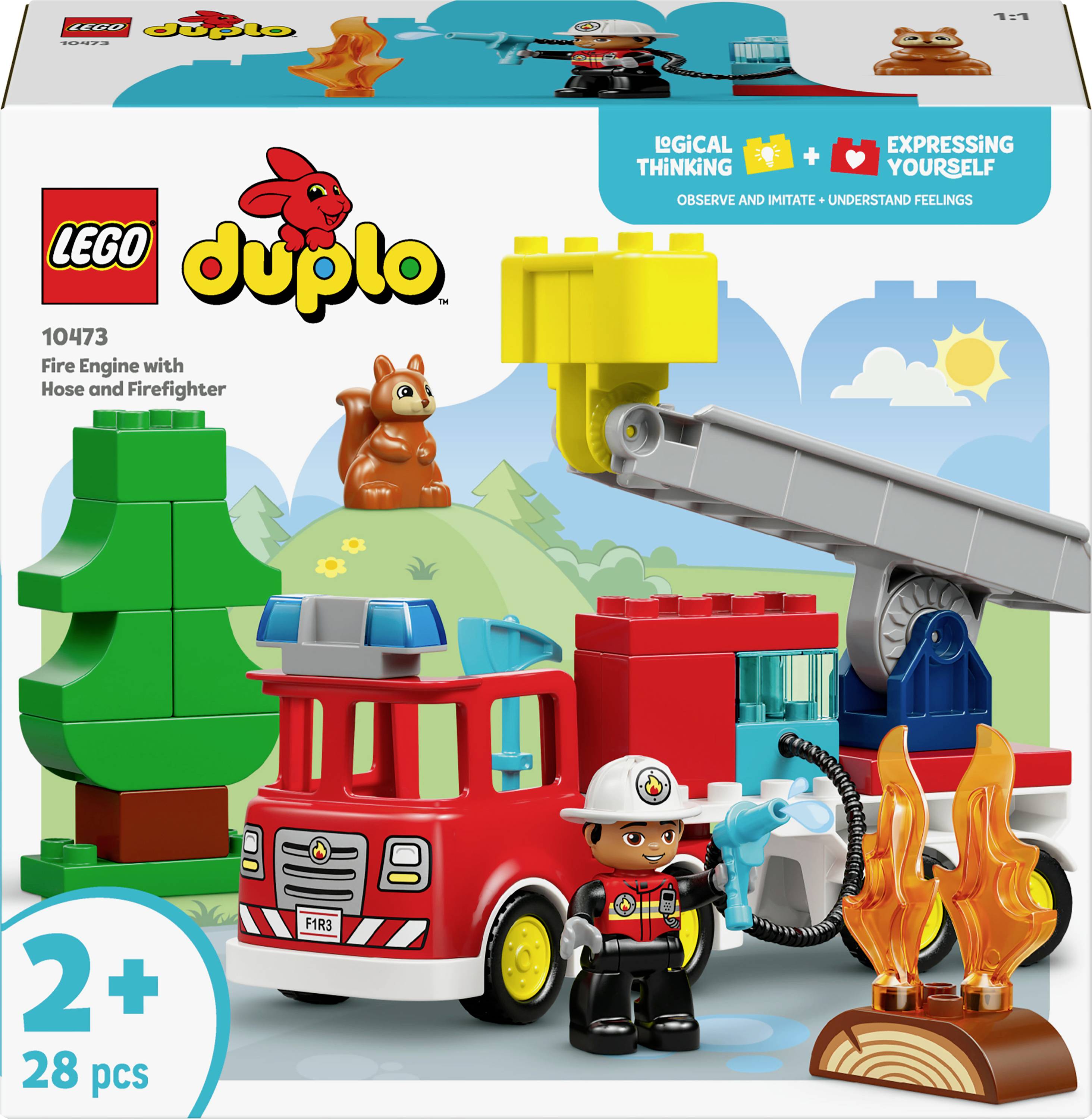 Lego Duplo Feuerwehrauto-Set mit Feuerwehrmann-Figur, Bäumen und Flammen. Fördert logisches Denken und Selbstausdruck für Kinder ab 2 Jahren.