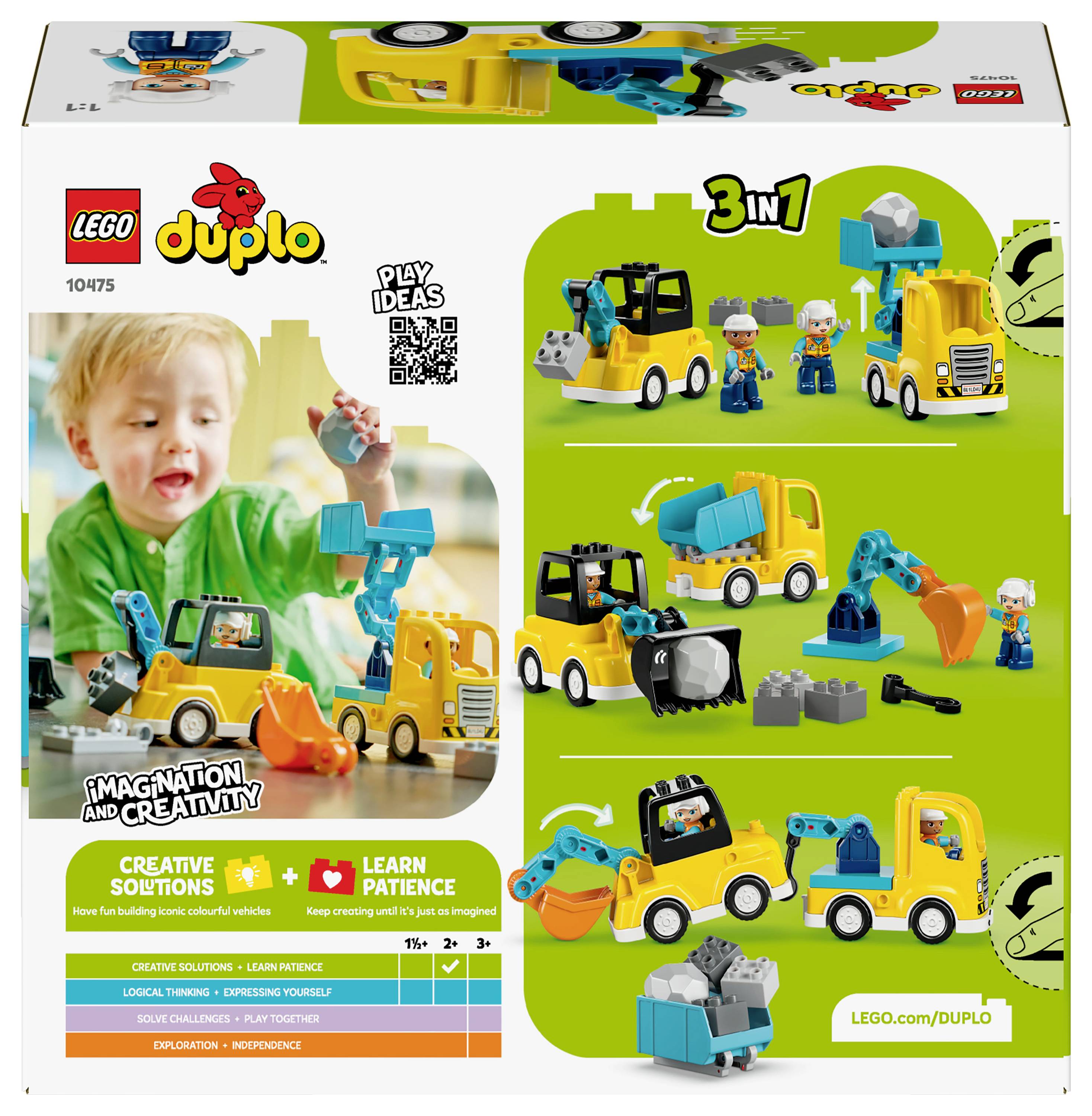 LEGO DUPLO Spielset-Verpackung mit einem spielenden Kind, Baufahrzeugen und Arbeitern. Betont Kreativität und Lernen durch Bauen.
