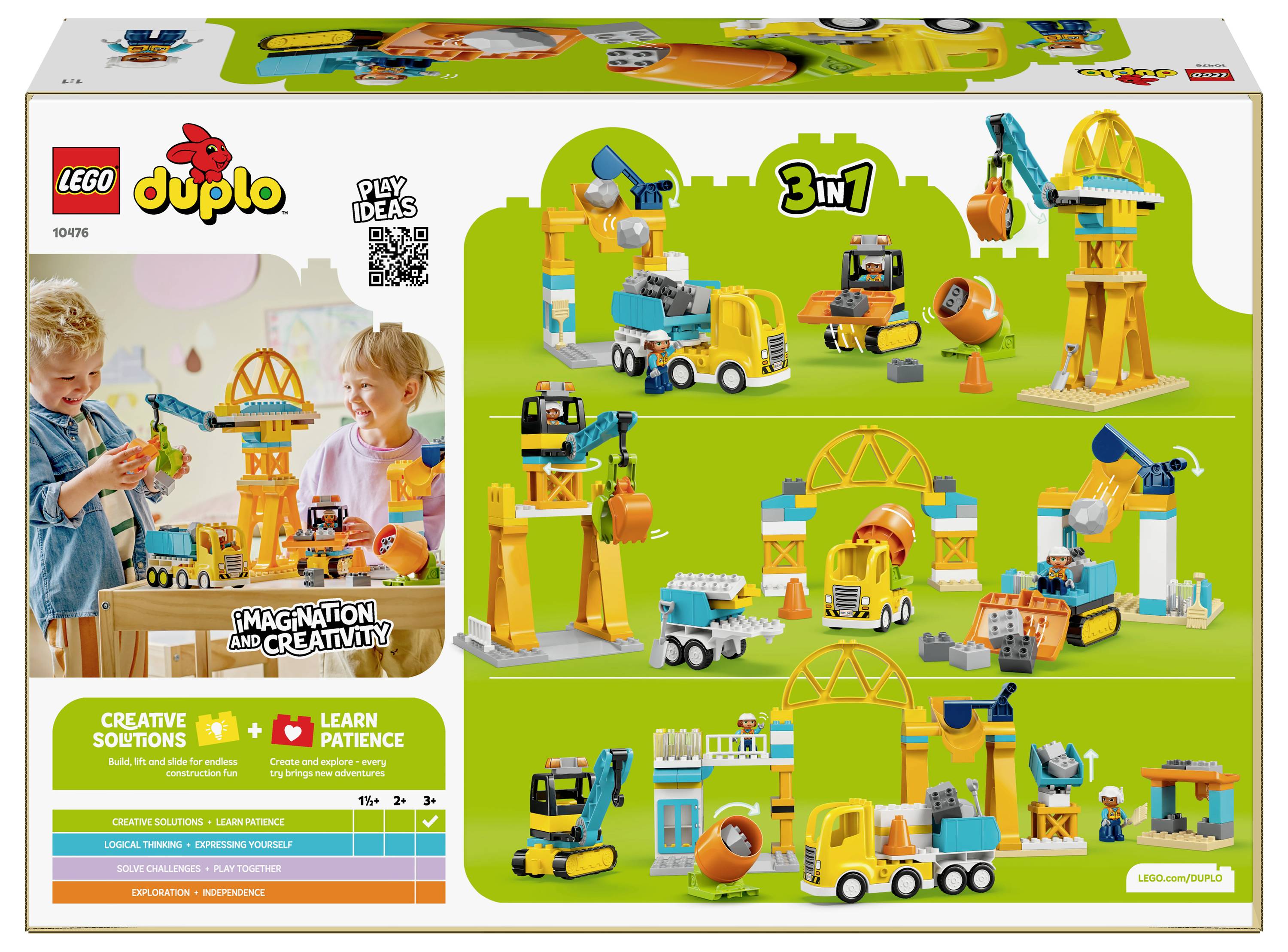 Lego Duplo Konstruktions-Set-Verpackung, die verschiedene Bauszenarien mit Fahrzeugen und Kränen für kreatives und fantasievolles Spielen zeigt.