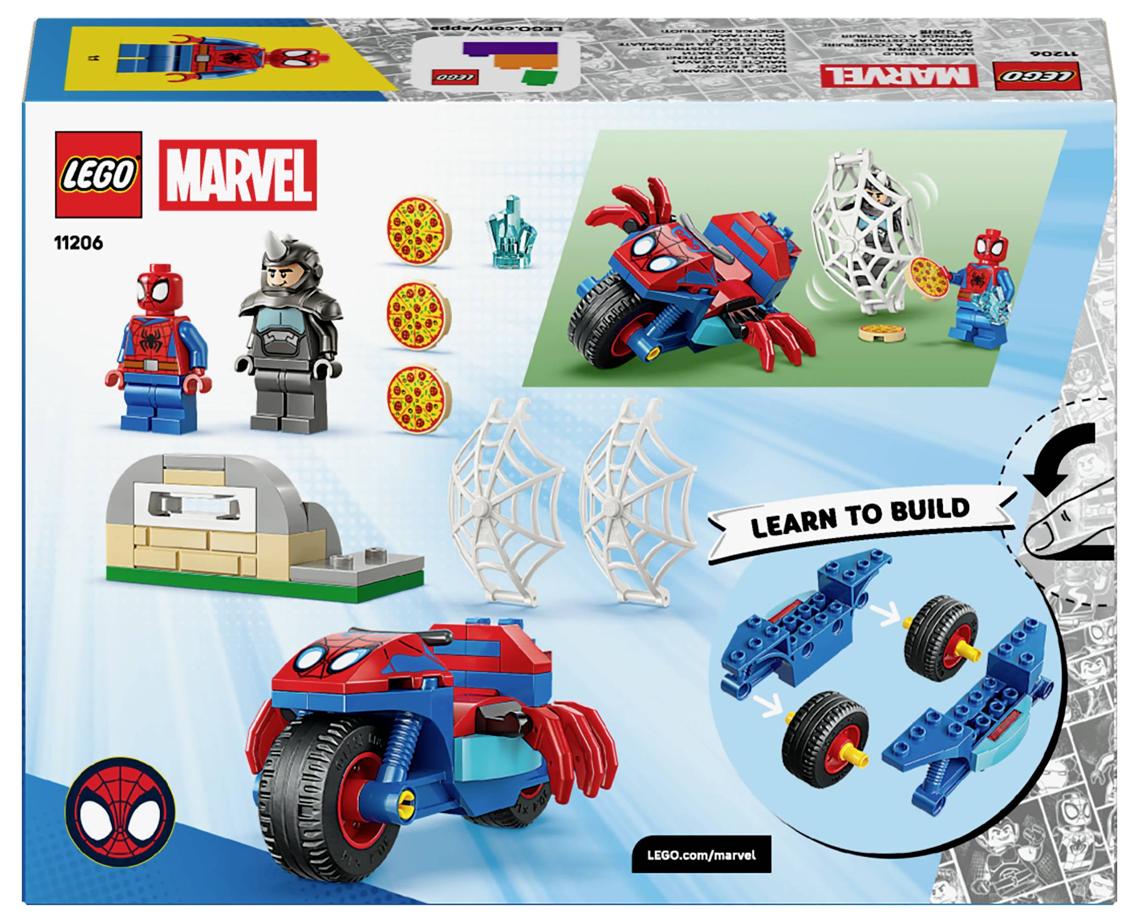 LEGO Marvel Set mit Spider-Man-Minifigur, Pizzascheiben, Spinnenweben und Fahrrad-Montageschritten mit 'Lerne zu bauen' Anleitung.