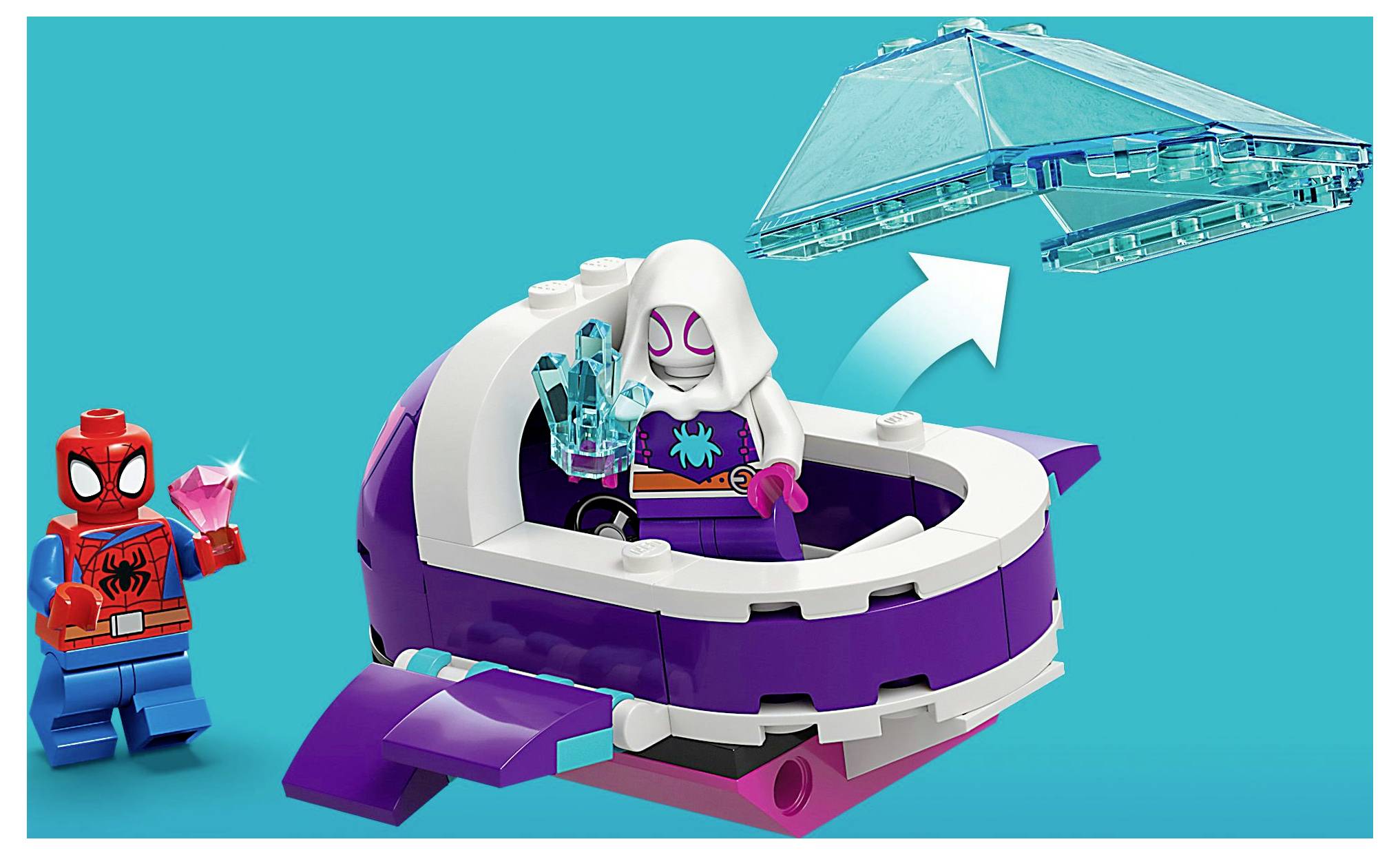 LEGO-Set mit einer Spider-Man-Figur, die einen rosa Edelstein hält, und einer Figur in einem lila und weißen Raumfahrzeug mit abnehmbarem Flügel.