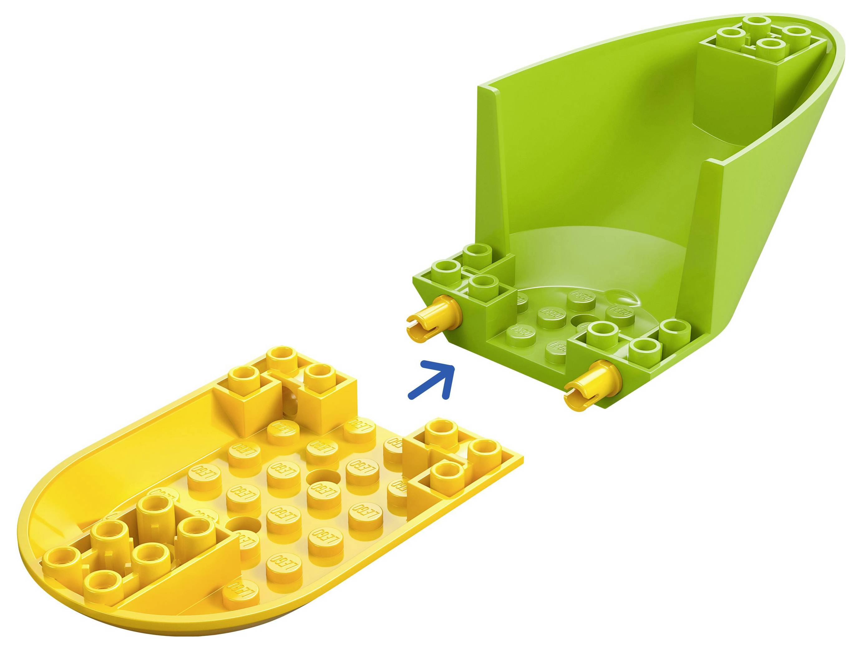 Grünes LEGO-Stück mit Noppen, die nach vorne zeigen, positioniert über einem gelben LEGO-Stück, mit einem Pfeil, der ihre Verbindung anzeigt.