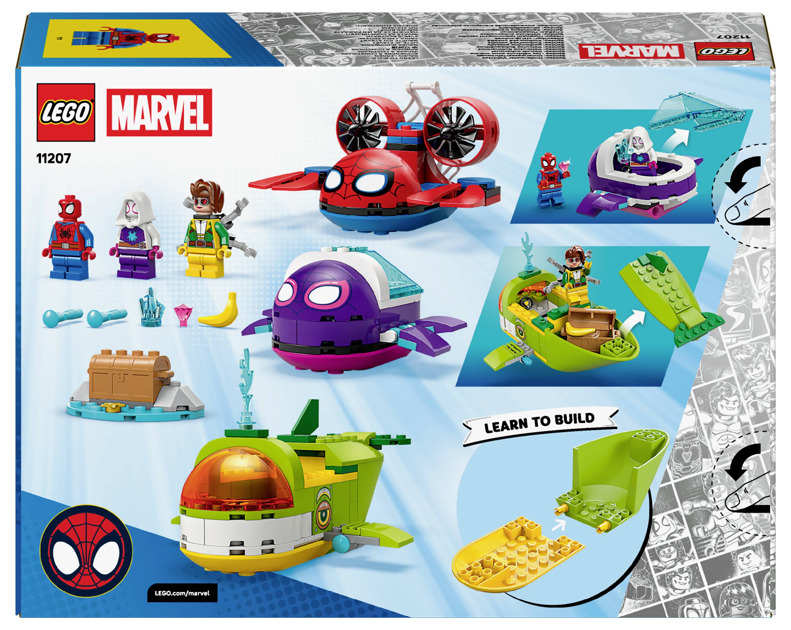 LEGO Marvel Set 11207 Box mit verschiedenen Mini-Builds, darunter ein Spider-Themen-Hubschrauber, Boot und Figuren mit Zubehör.