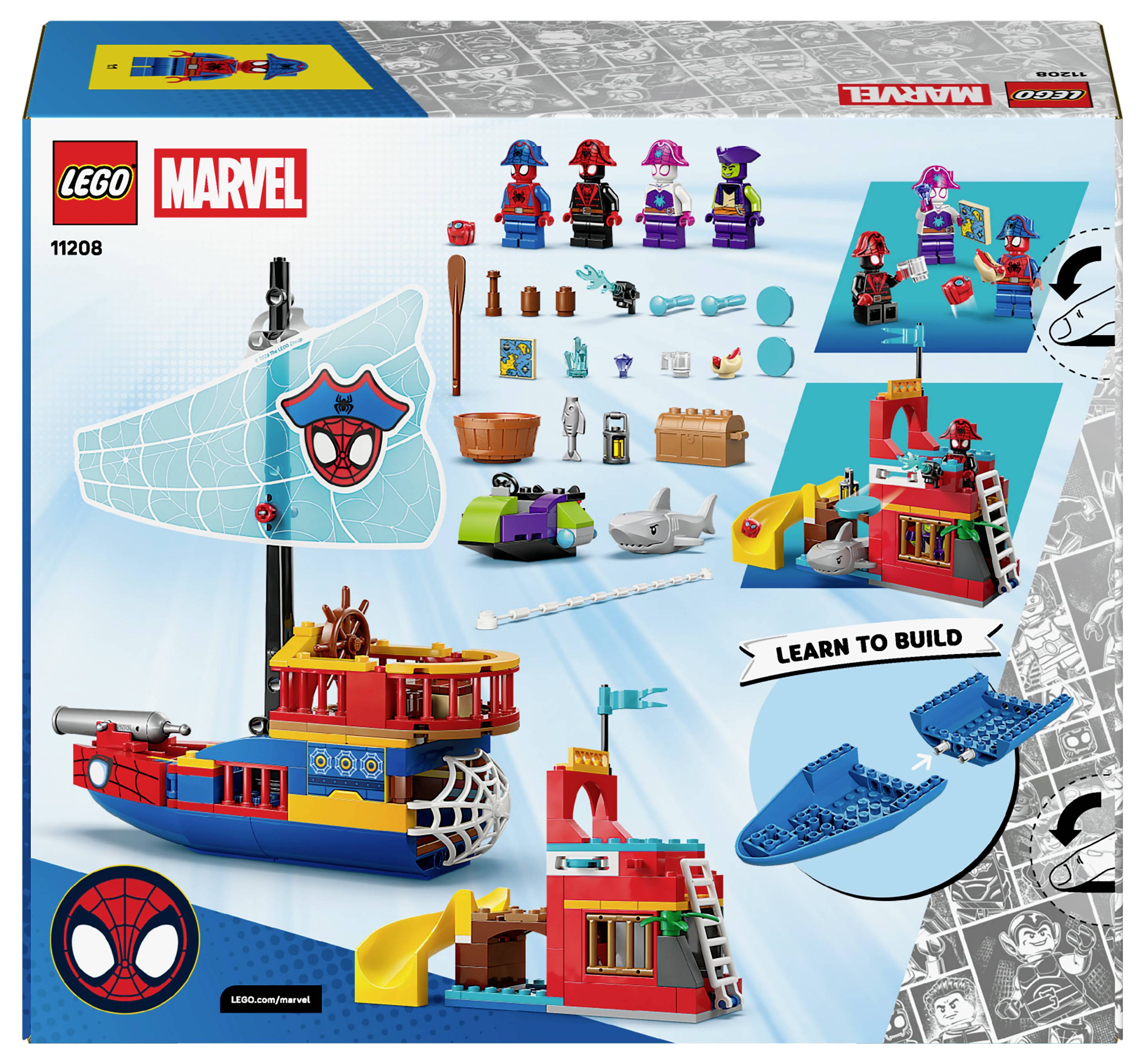 LEGO Marvel Bauset-Verpackung, die ein farbenfrohes Piratenschiff mit Spider-Man-Thema, Charakteren und Bauanleitungen für Kinder ab 4 Jahren zeigt.