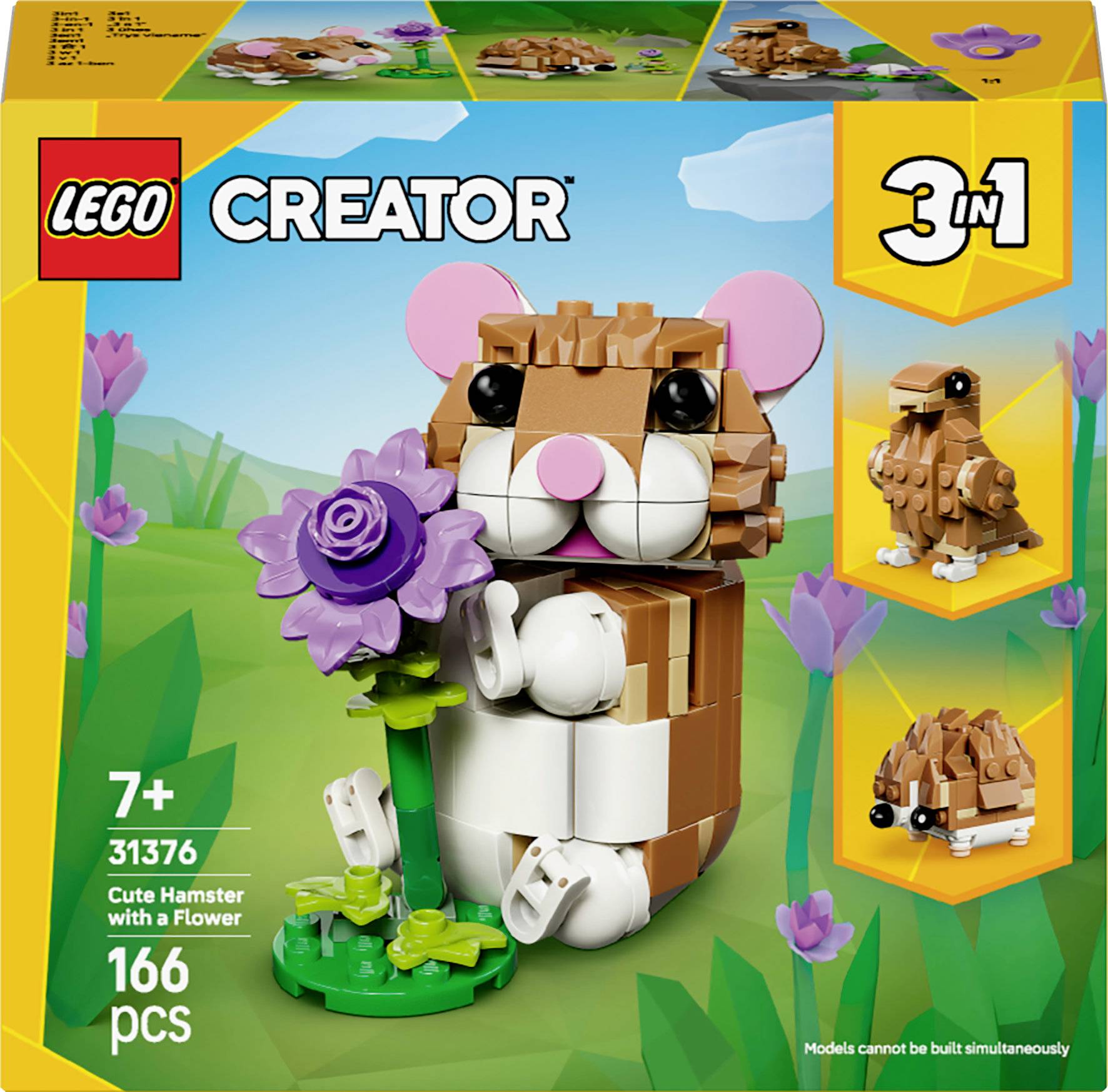 LEGO Creator Set 31376: Baue einen niedlichen Hamster mit einer Blume, einen Igel und einen Hund. Für Kinder ab 7 Jahren mit 166 Teilen. 3-in-1 Bauoptionen.