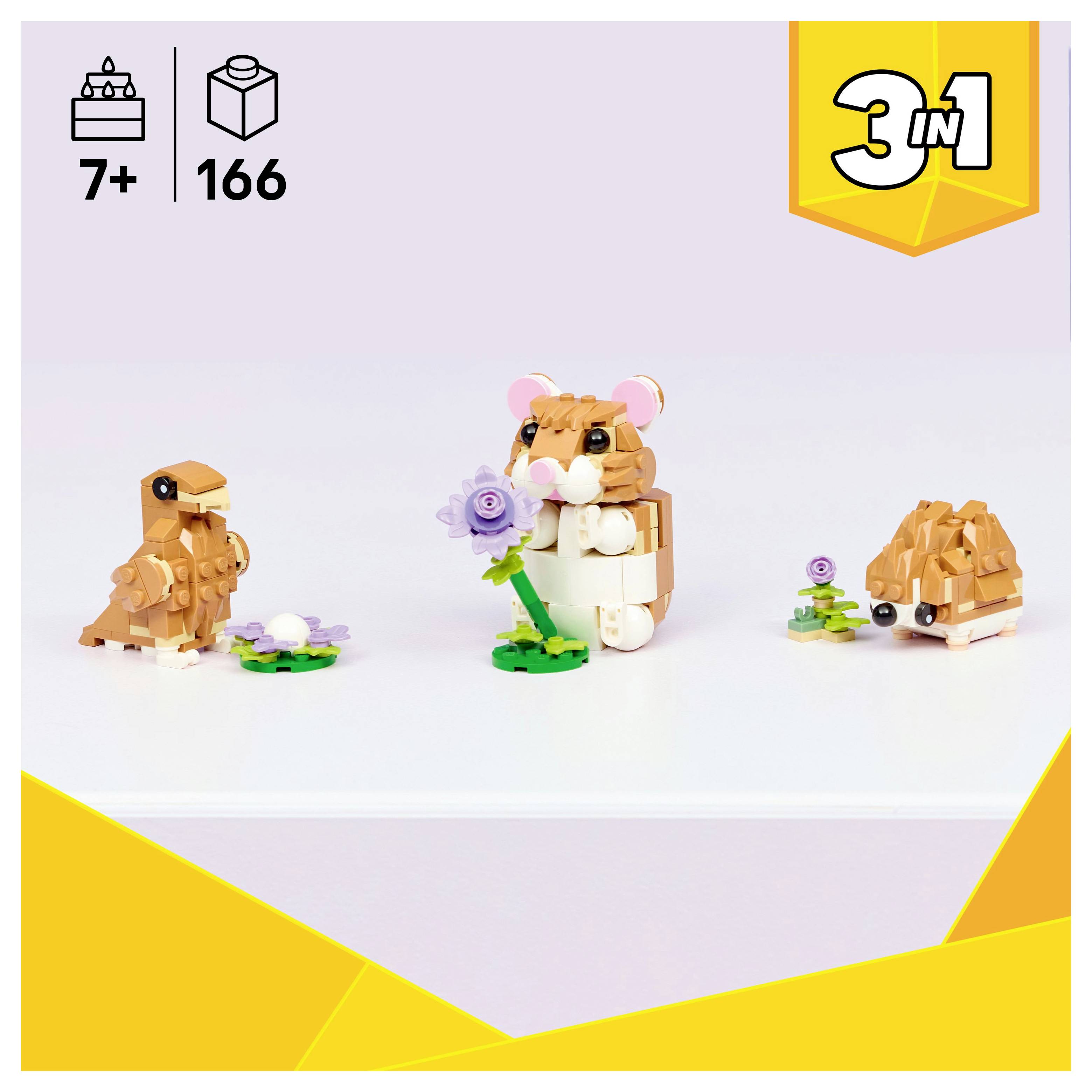 LEGO Creator 3-in-1-Set für Kinder ab 7 Jahren mit 166 Teilen. Enthält einen Hamster mit Blume, einen Igel und einen zusätzlichen Tierbau.