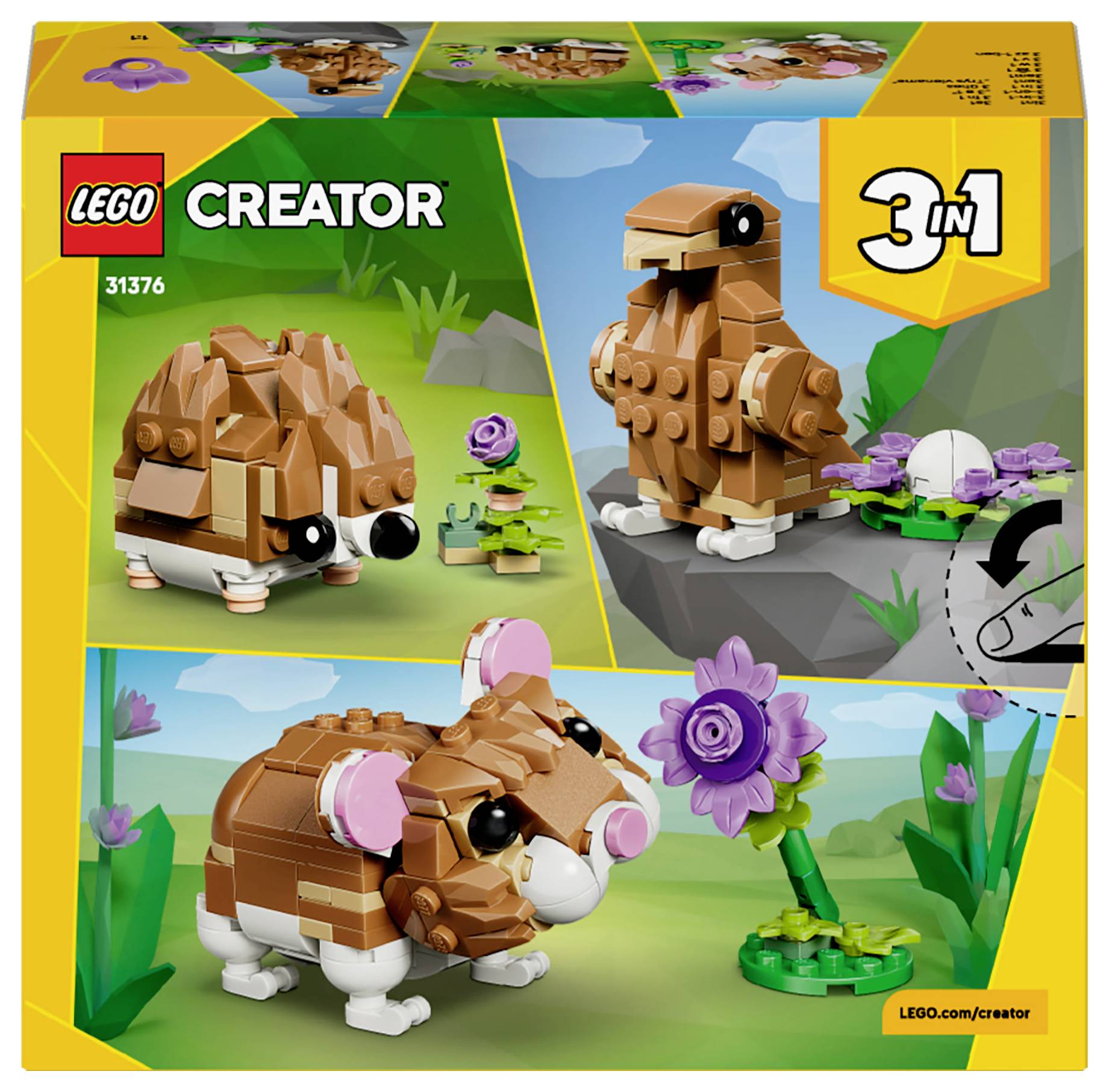 Lego Creator 3-in-1-Set 31376 bietet Bauten eines Hasen, eines Koalas und eines Bären. Enthält eine Blume und ein Ei als Zubehör.