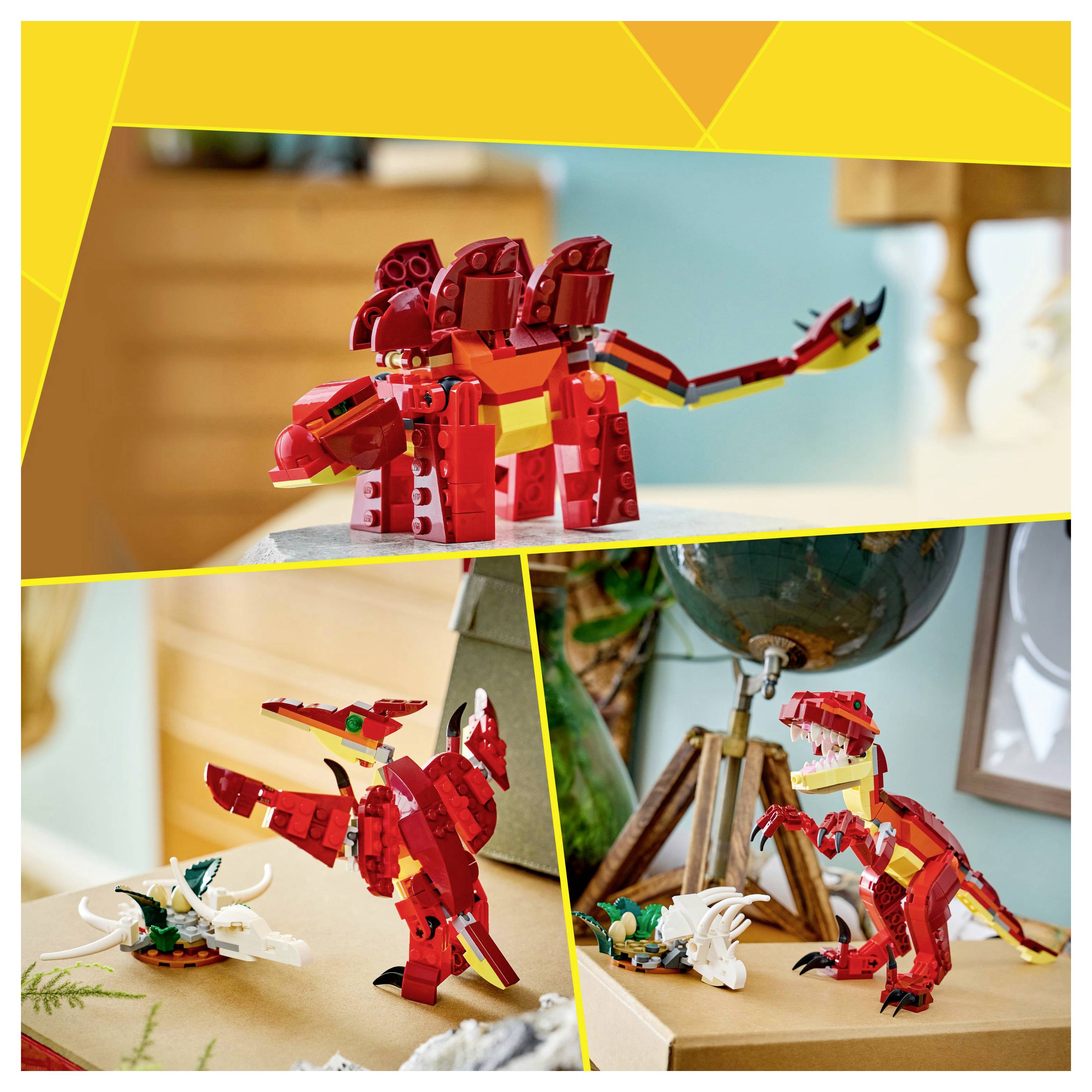 Lego Creator 3-in-1-Set: Dinosaurier-Figuren in roten und orangen Steinen, auf einem Holztisch mit einem Globus im Hintergrund.