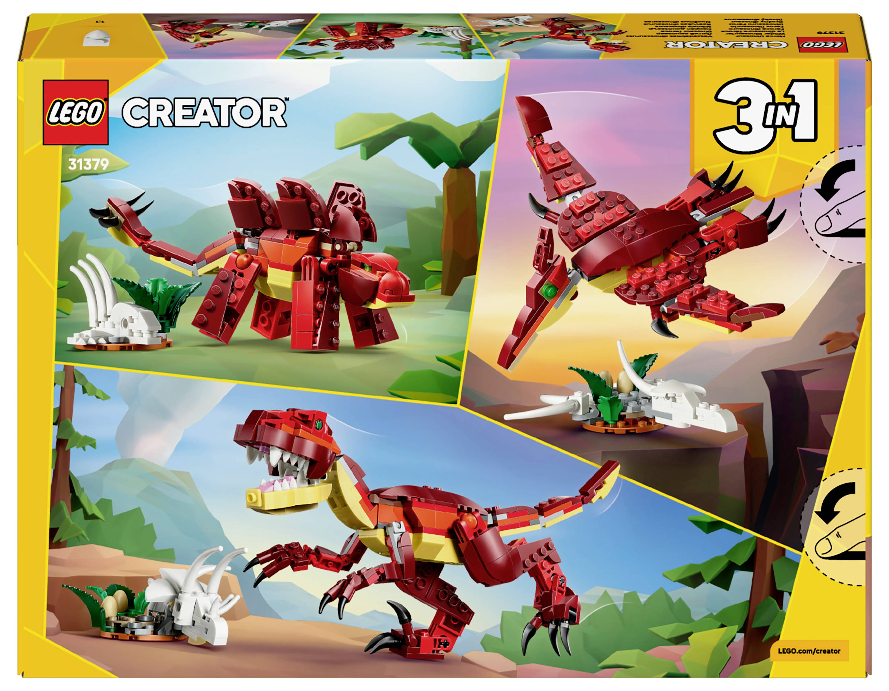 Lego Creator 3-in-1-Set 31129 mit rotem Dinosaurier, Pterosaurier und Triceratops-Modellen vor einem prähistorischen Hintergrund.