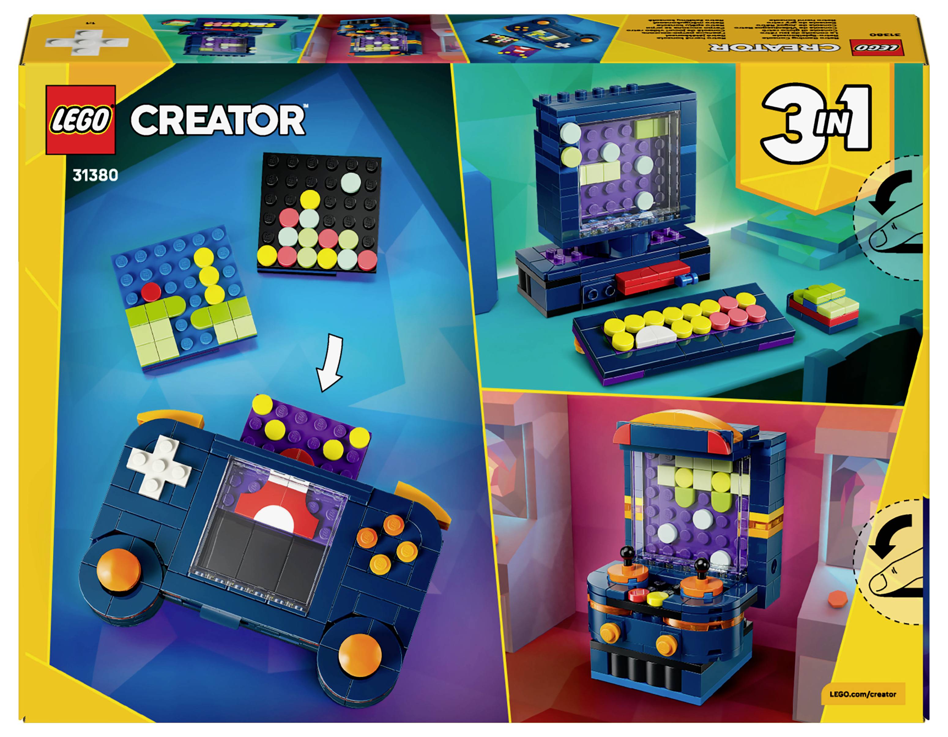 Das Bild zeigt ein LEGO Creator 3-in-1 Set mit Designs für eine Retro-Spielkonsole, einen Arcade-Automaten und eine Tastatur.