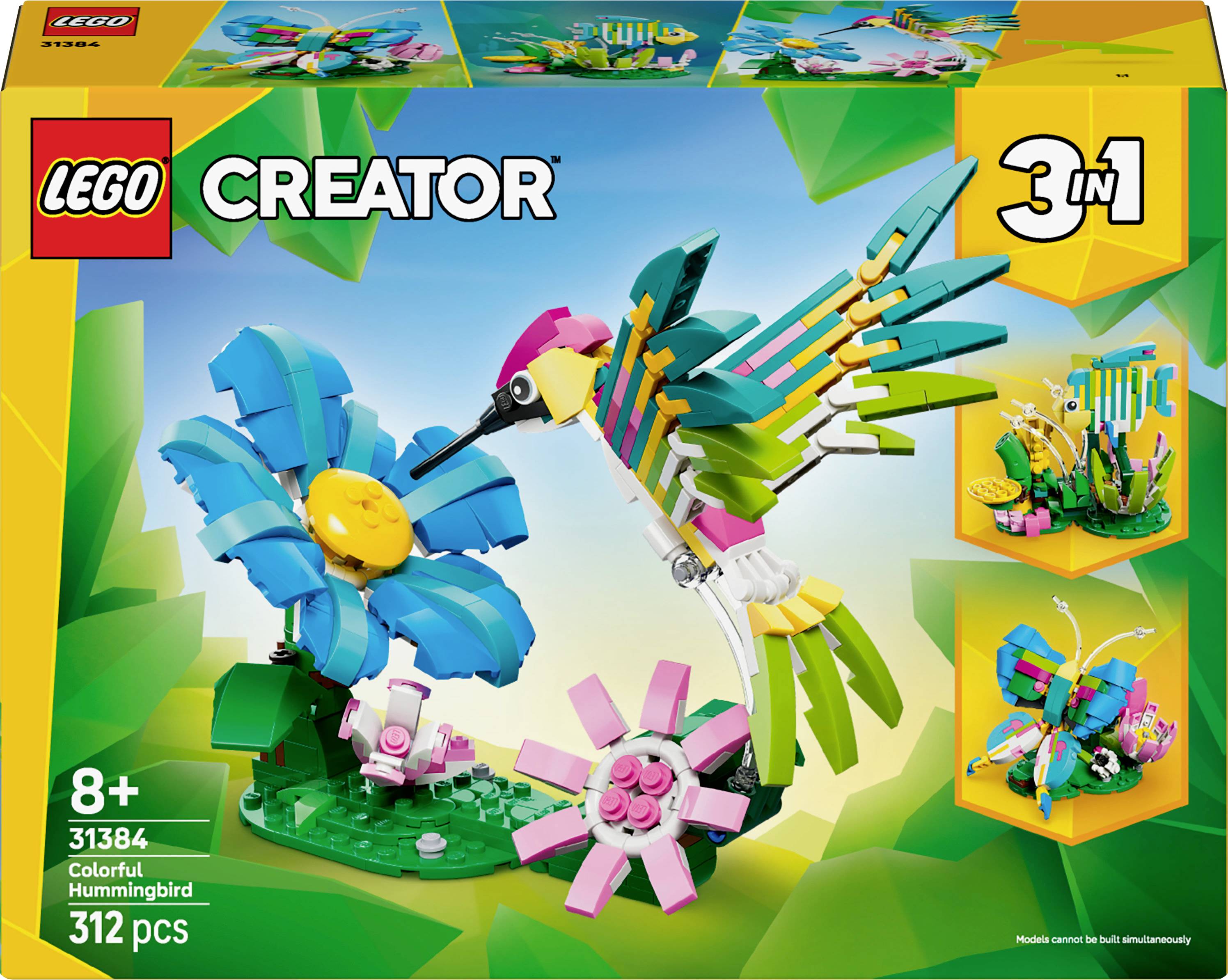 LEGO Creator 3-in-1 Set 31384. Hauptmodell zeigt einen bunten Kolibri mit Blumen. Enthält 312 Teile. Geeignet für Kinder ab 8 Jahren.