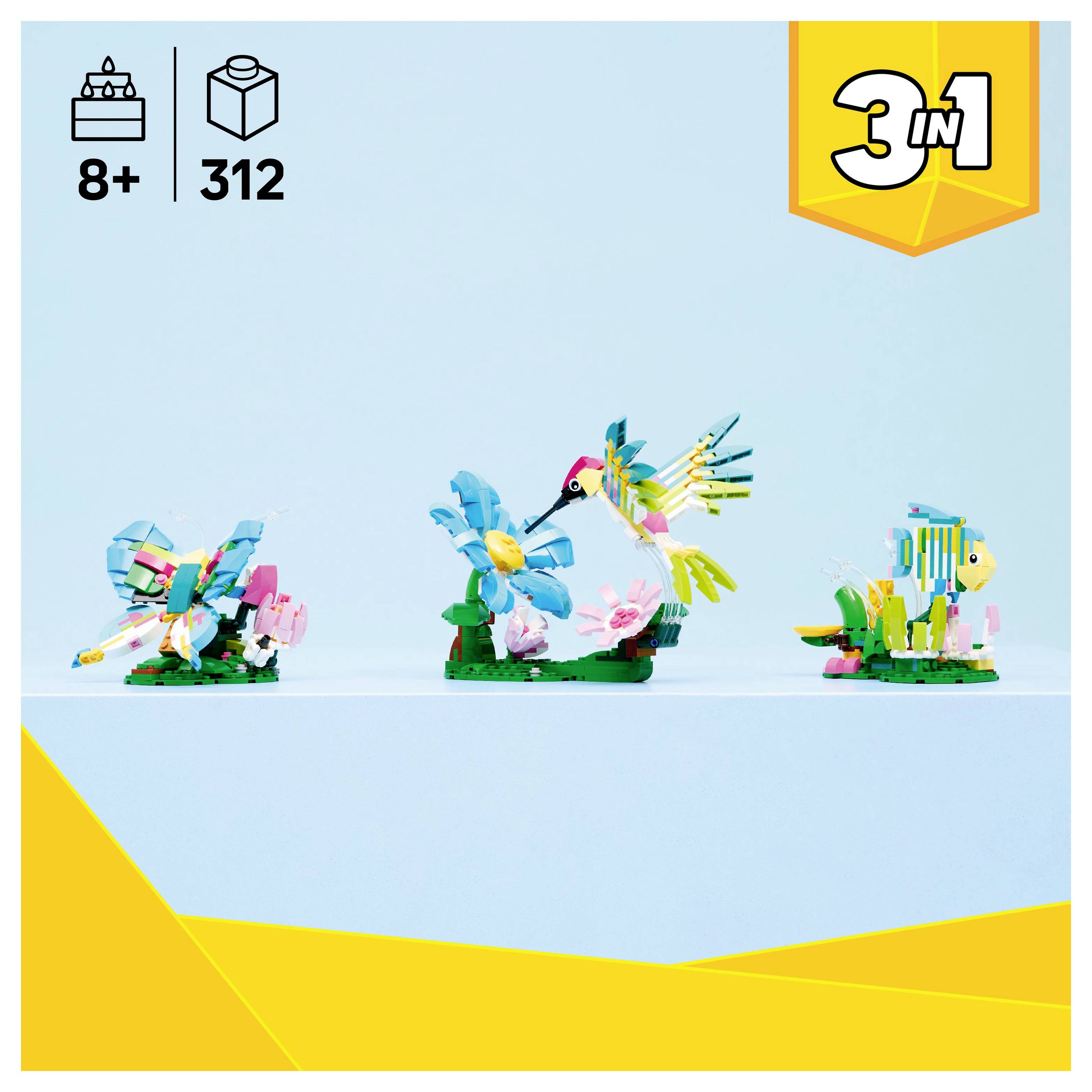 Lego 3-in-1 Creator Set für Kinder ab 8 Jahren. Mit baubaren Tieren: Kolibri, Fisch und Frosch, insgesamt 312 Teile.
