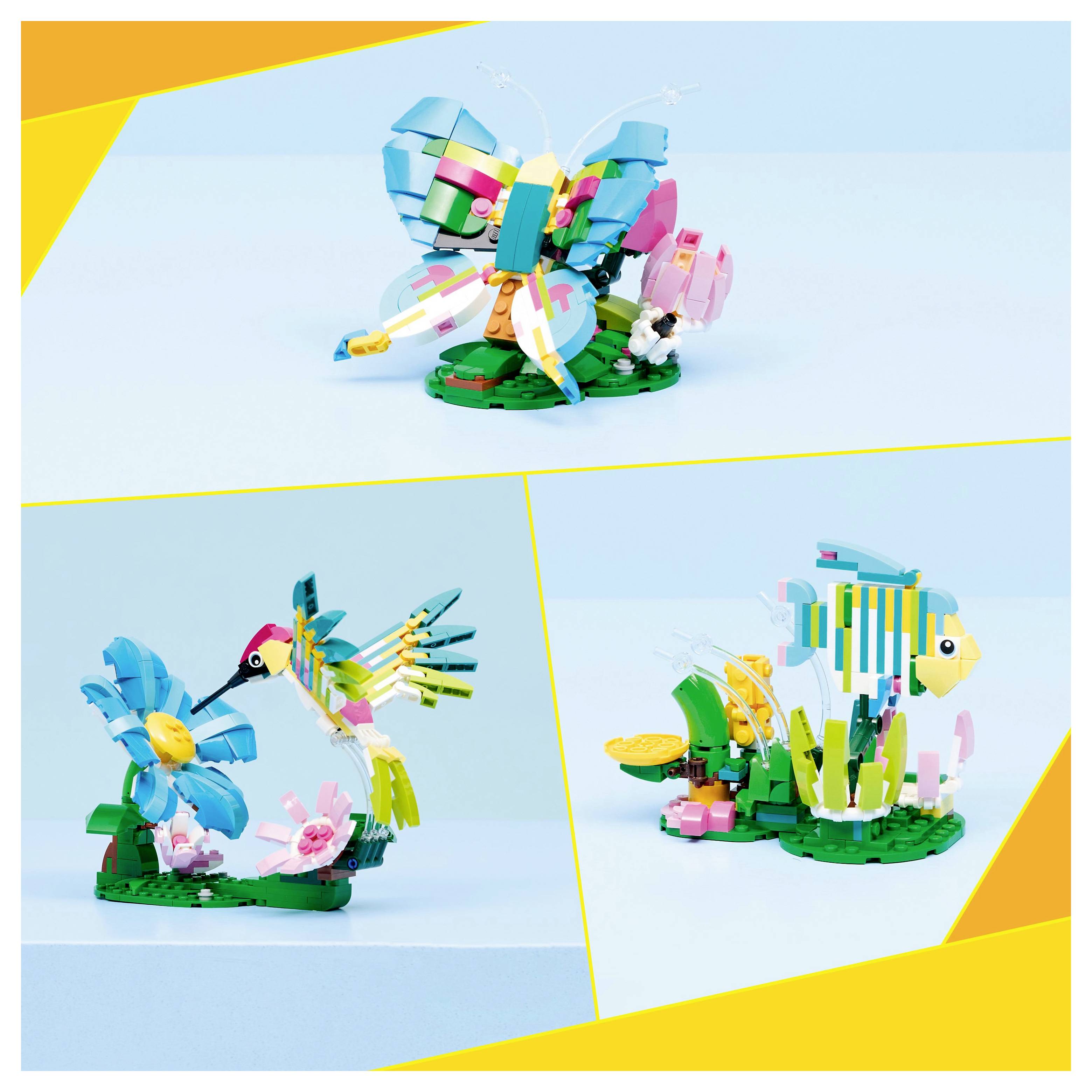 Drei farbenfrohe LEGO-Modelle umfassen einen Schmetterling, einen Kolibri in der Nähe von Blumen und zwei Fische mit Korallen, vor einem blauen Hintergrund.