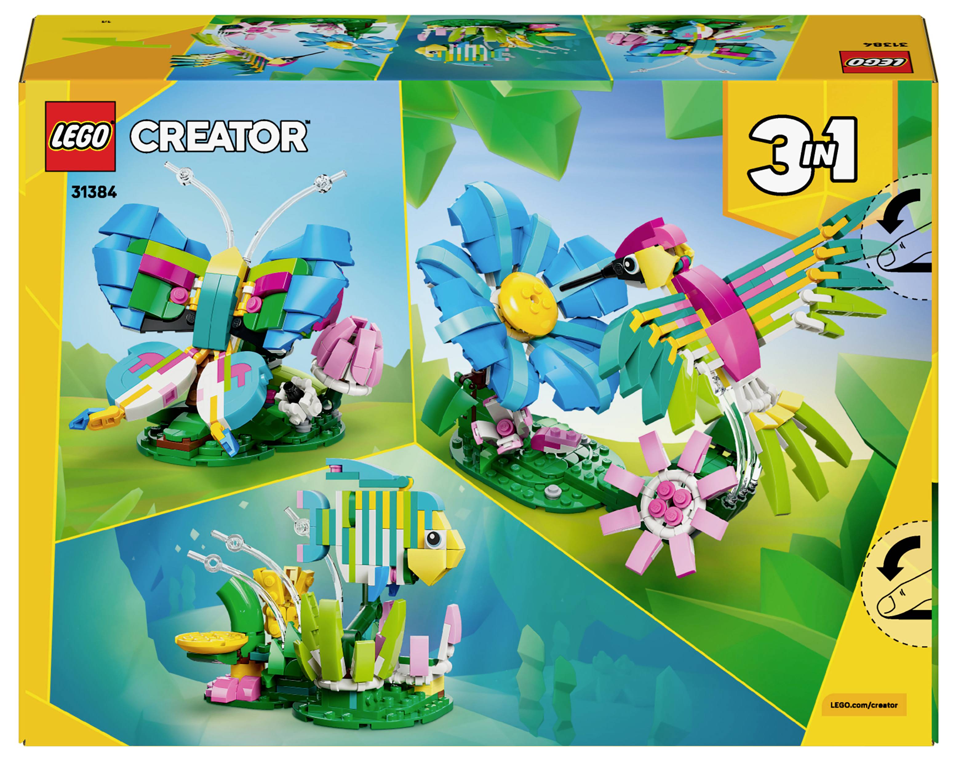 LEGO Creator 3-in-1-Set mit Modellen eines Schmetterlings, eines Vogels und eines Fisches vor einem farbenfrohen Hintergrund. Set-Nummer 31184.