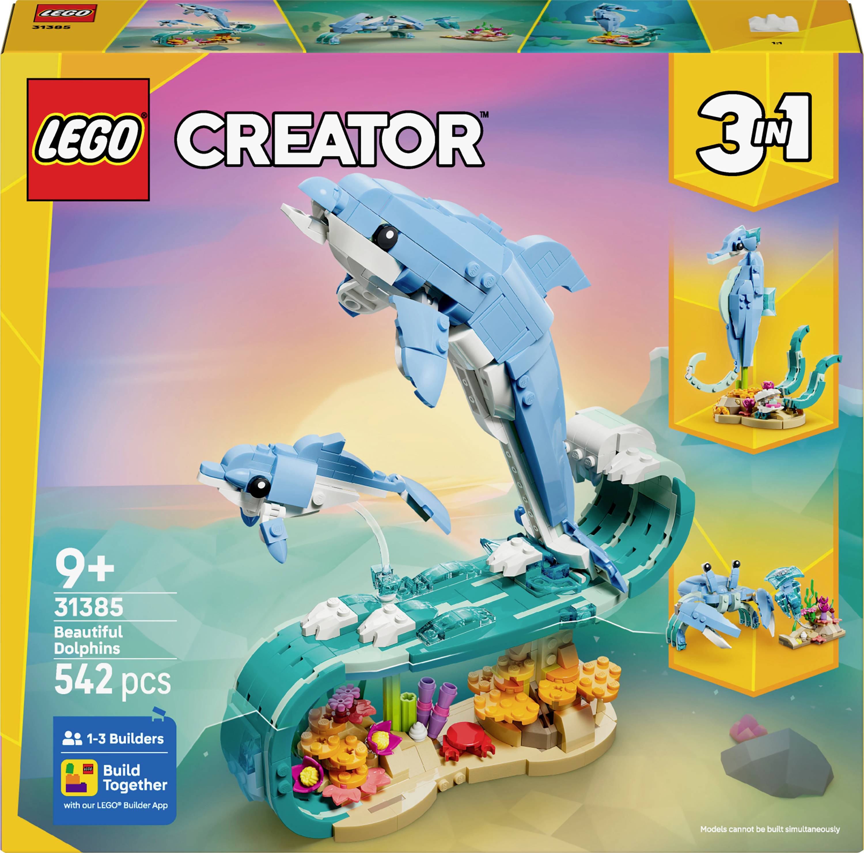 Lego Creator 3-in-1-Set, Wunderschöne Delfine, Modellnummer 31385, 542 Teile, für Kinder ab 9 Jahren, mit Delfinen und Meeres-Szenerie.