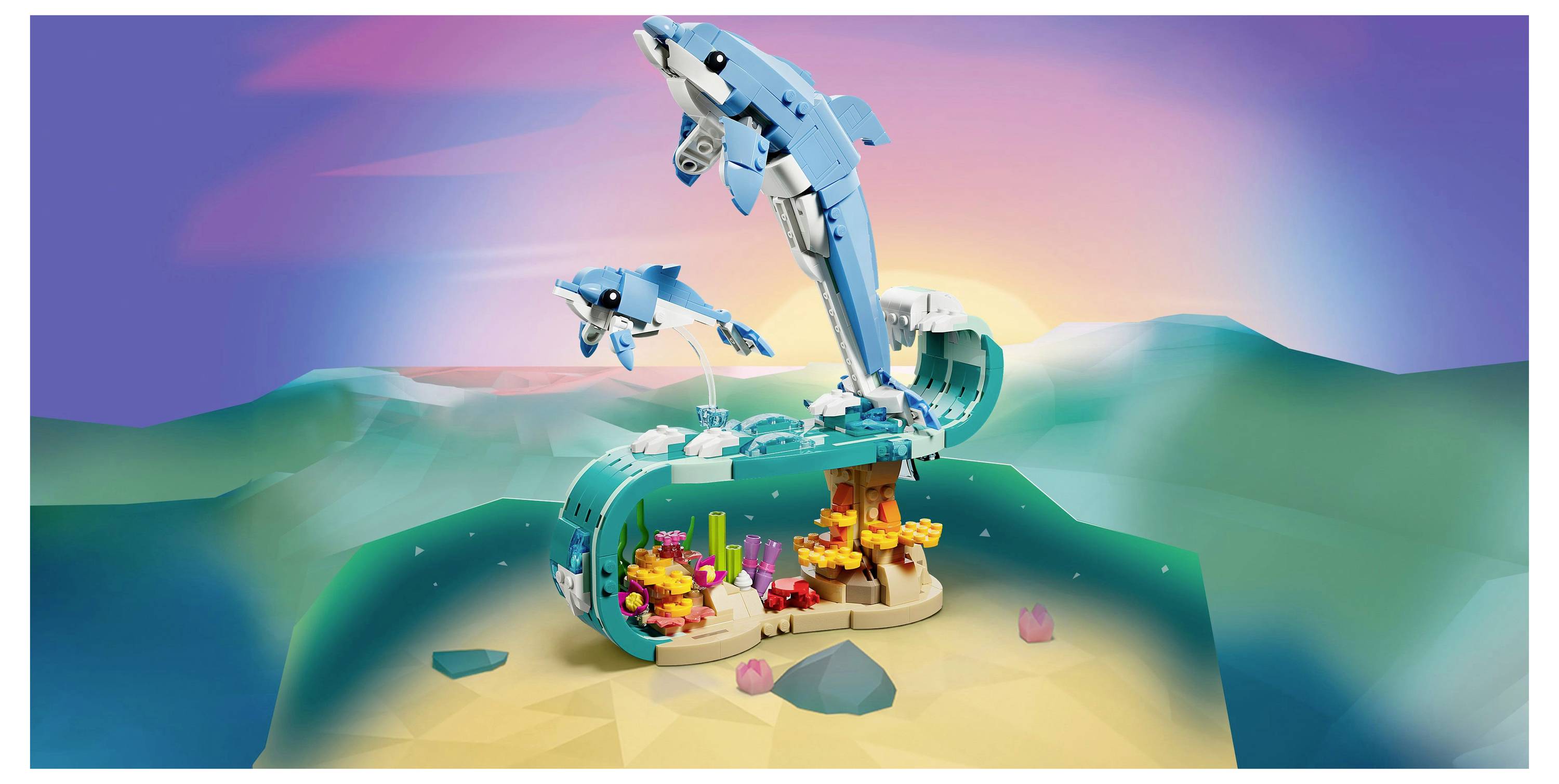 Zwei blaue Delfine aus Spielzeugbausteinen springen über eine Unterwasserszene mit Korallen und Seepflanzen vor einem bunten Meereshintergrund.