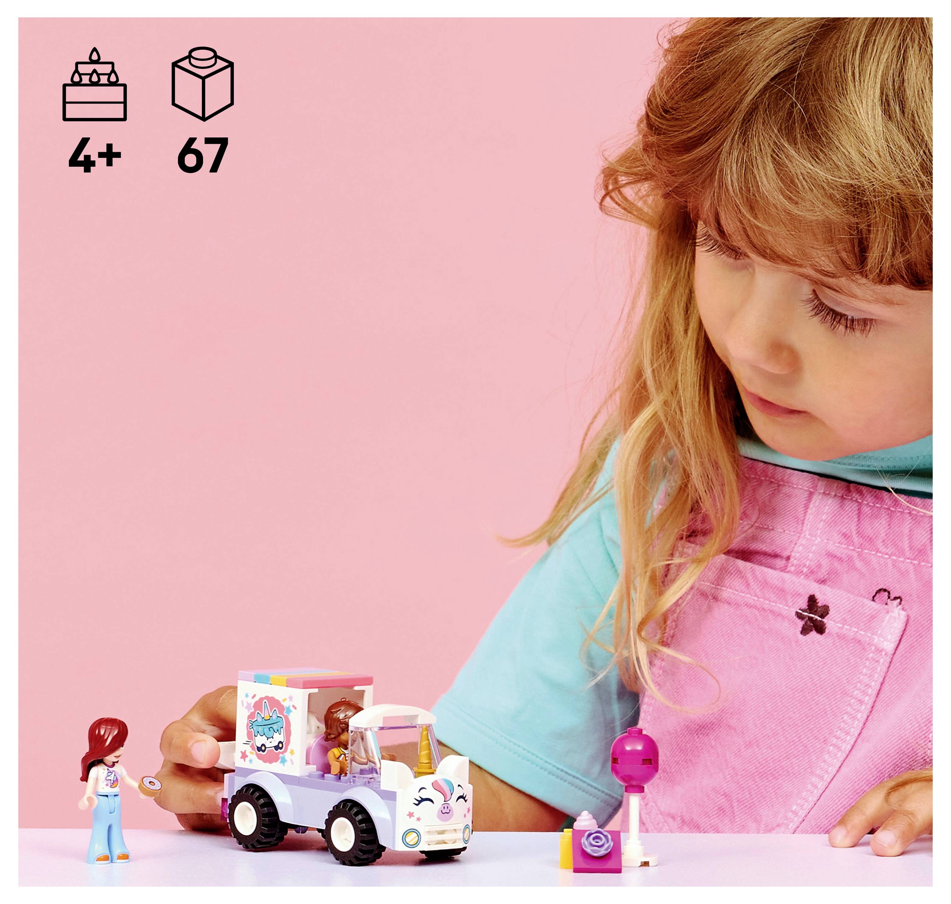 Ein Kind spielt mit einem kleinen Eiscreme-Karren-Spielzeugset, das detaillierte bunte Elemente und Miniaturfiguren vor einem rosa Hintergrund zeigt.