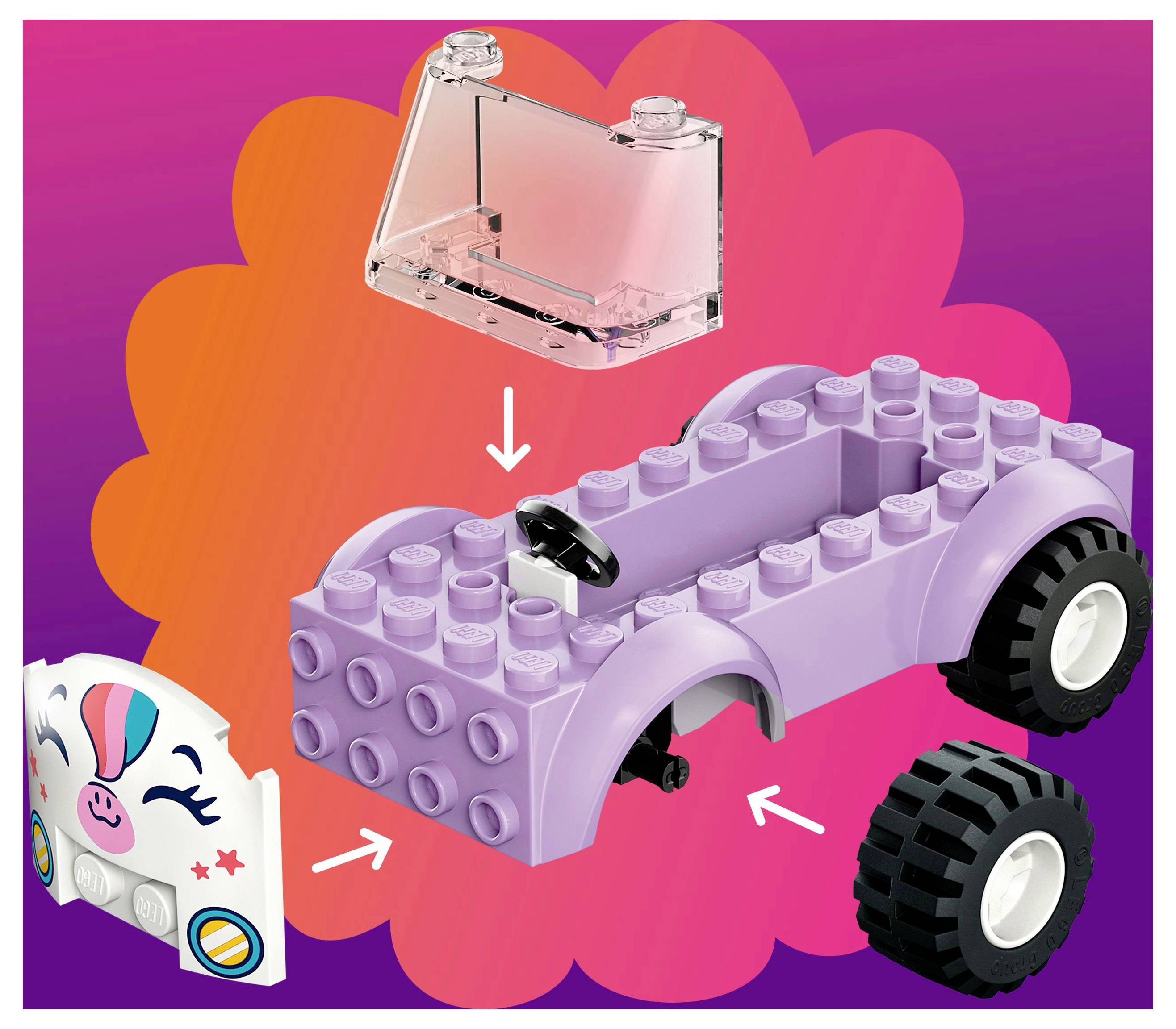Illustration zum Zusammenbau eines Spielzeugautos mit einem lila Karosseriekörper, schwarzen Reifen, einer durchsichtigen Windschutzscheibe und einem vorderen Teil mit einem Einhorn-Gesichtsdesign. Verwenden Sie Pfeile, um den Zusammenbau zu leiten.
