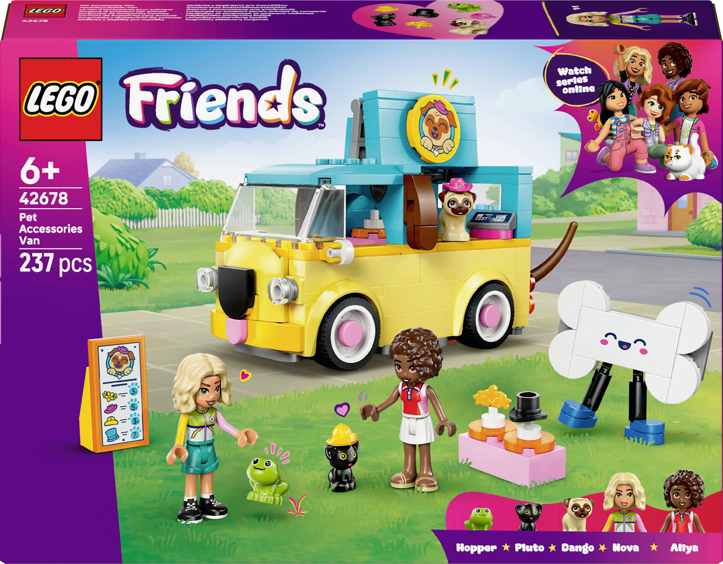 LEGO Friends Haustier-Zubehör-Van Set für Kinder ab 6 Jahren, enthält Transporter, Hund, Charaktere und Zubehör, 237 Teile. Mit Website-Werbeaktion.