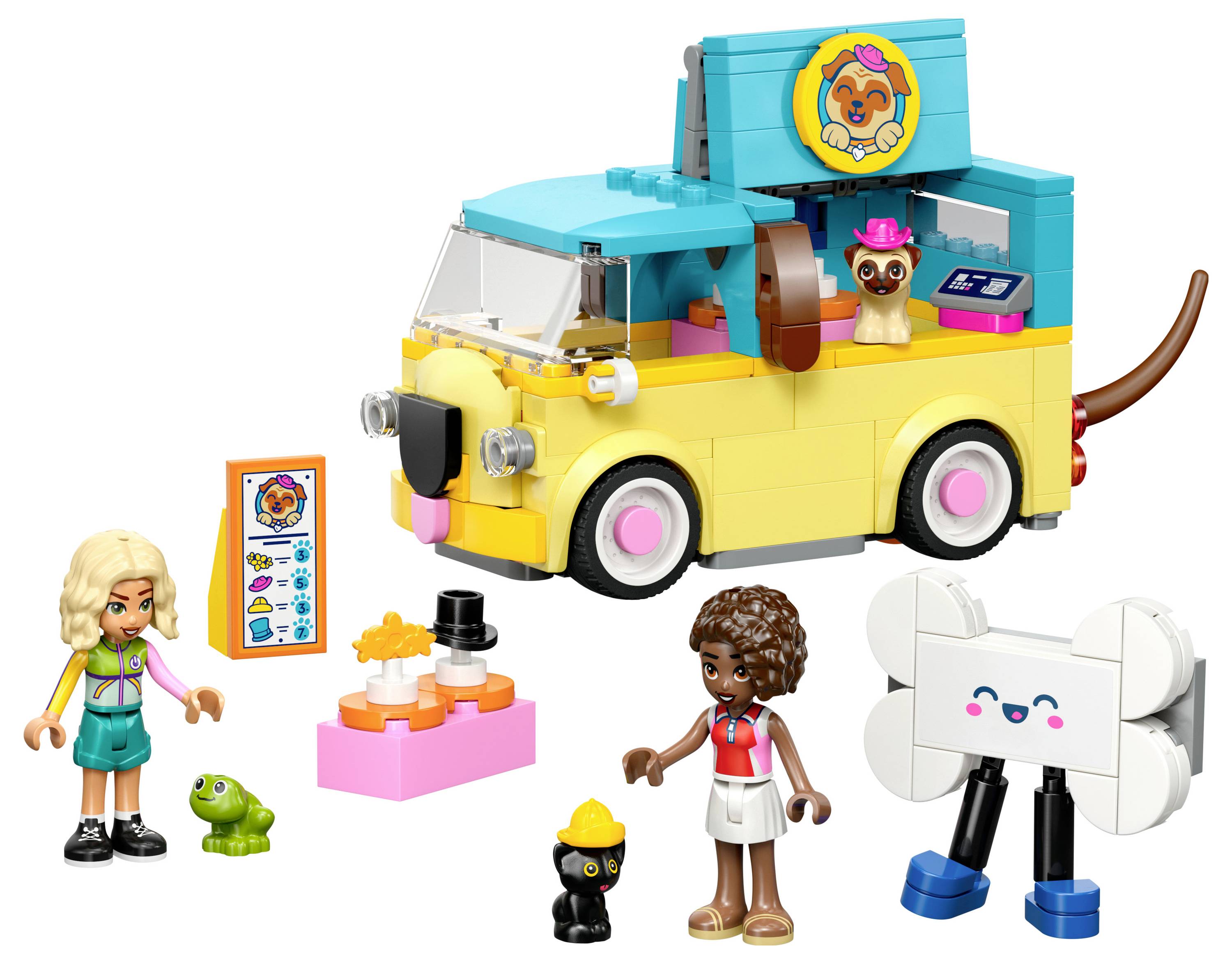 Ein buntes LEGO-Spielset mit einem Spielzeug-Eiswagen, der tierisch-thematische Accessoires, zwei Minifiguren, einen Frosch, eine Katze und einen verspielten Roboter enthält.
