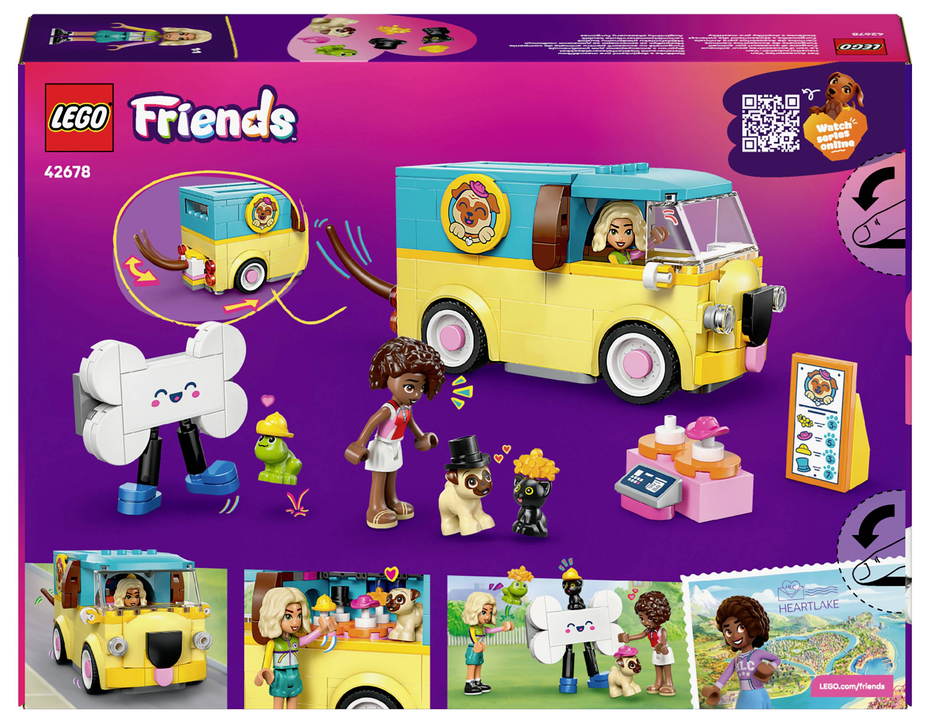 Der Lego Friends Set 41678 zeigt einen bunten Van, zwei Charaktere, einen Hund, einen Tisch und Zubehör zum Gestalten kreativer Spielszenen.