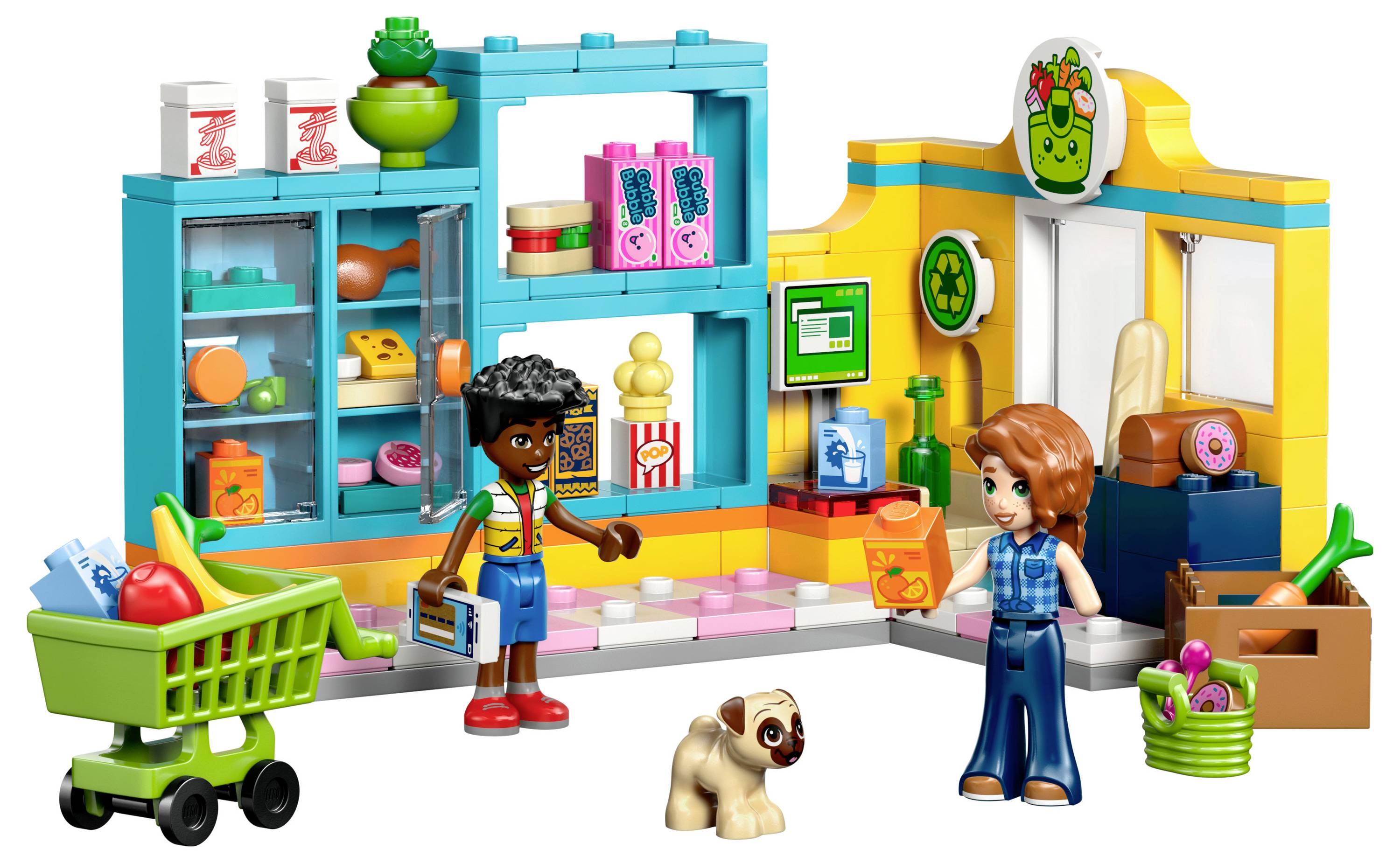 Zwei Spielzeugfiguren in einer bunten Marktszenerie mit Lebensmitteln, Einkaufswagen und einem Welpen. Die Regale präsentieren Lebensmittel, und ein grünes Schild hängt darüber.