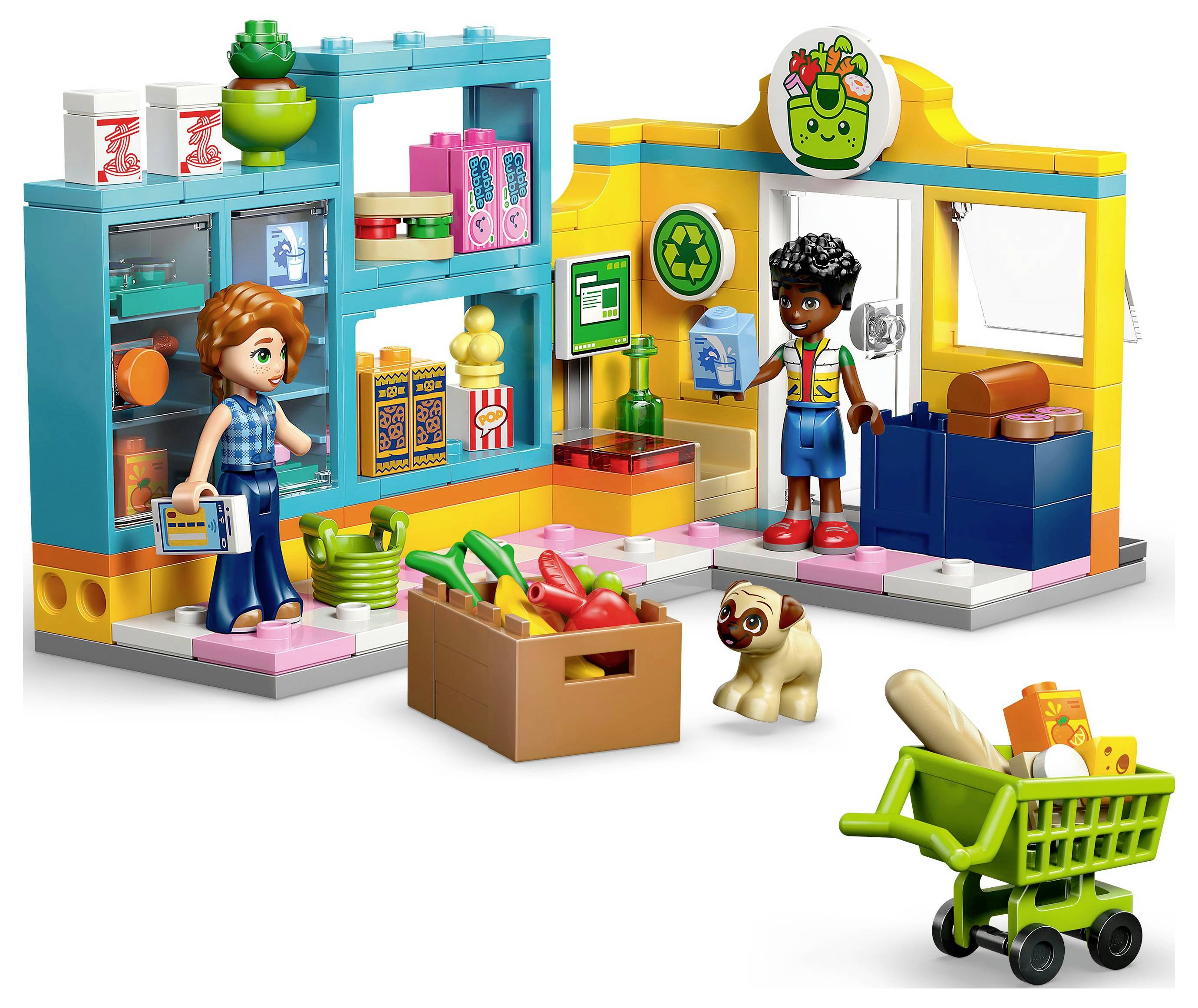 Spielzeugladenset mit Figuren, Lebensmitteln und Recycling-Thema. Zwei Kinder spielen mit einer Kasse und einem Einkaufswagen.