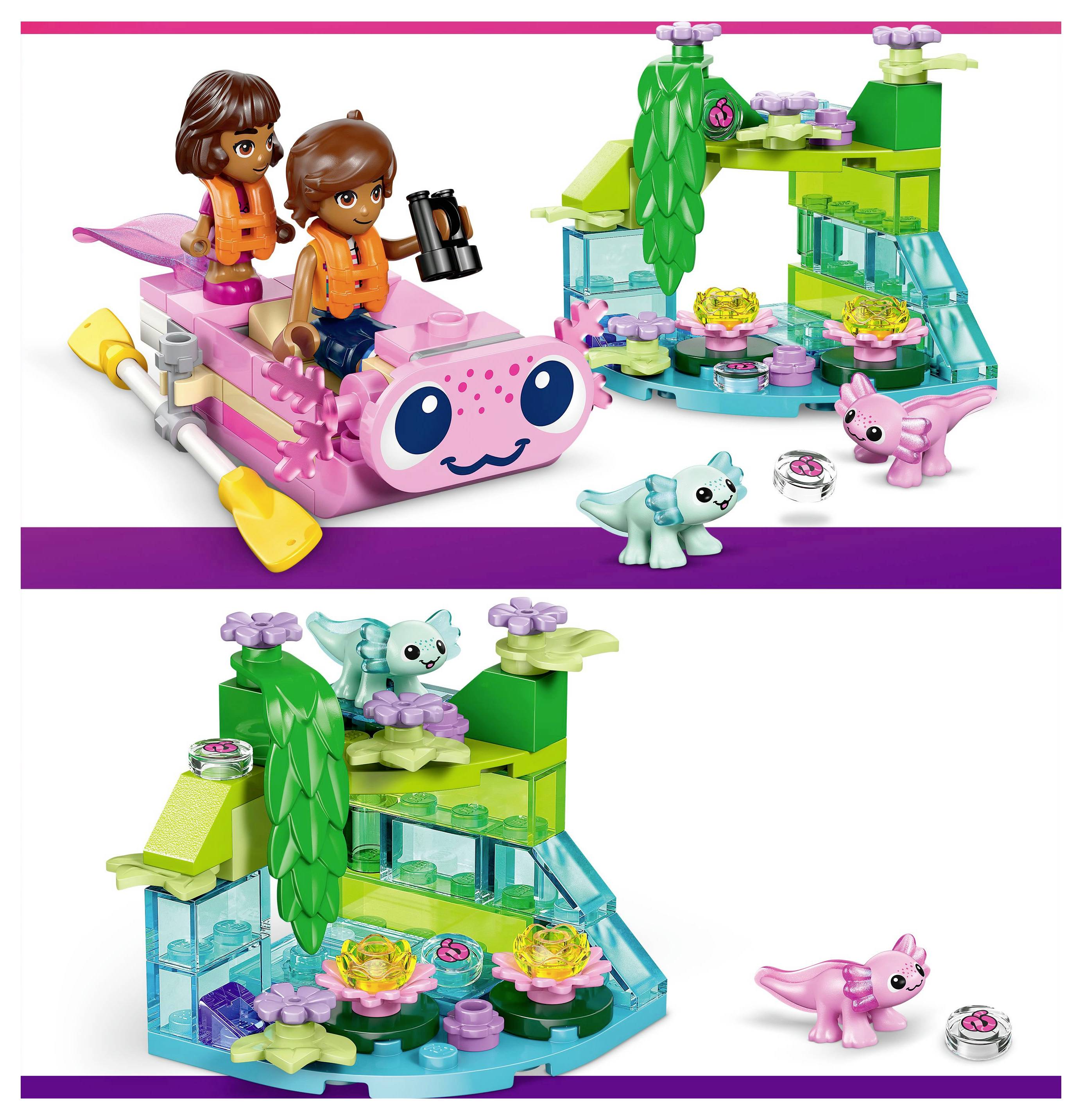 Zwei Charaktere in orangefarbener Kleidung auf einem rosa, aquatischen Spielzeugfahrzeug. In der Nähe eine bunte Spielzeuganlage mit Pflanzen und kleinen, verspielten Kreaturen.