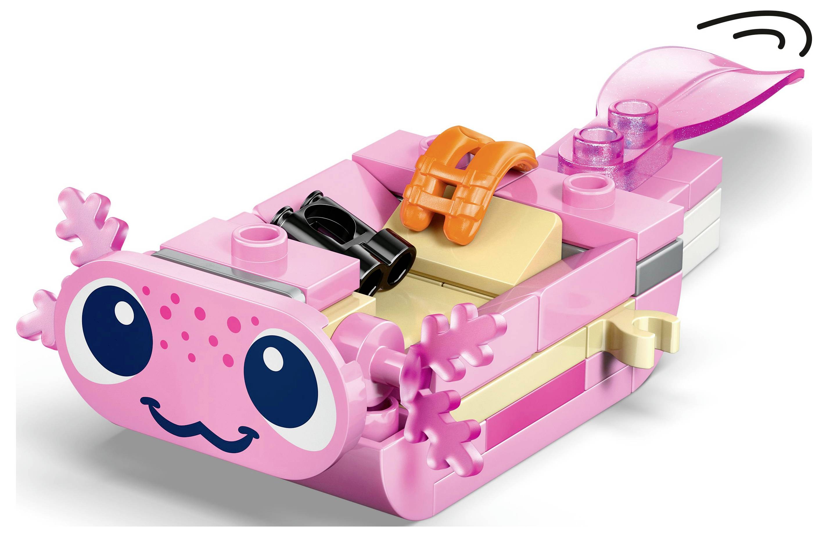 Ein kleines, rosa LEGO-Modell, das einem Axolotl ähnelt, mit einem lächelnden Gesicht und gefransten Kanten, mit einem abnehmbaren orange-schwarzen Teil.