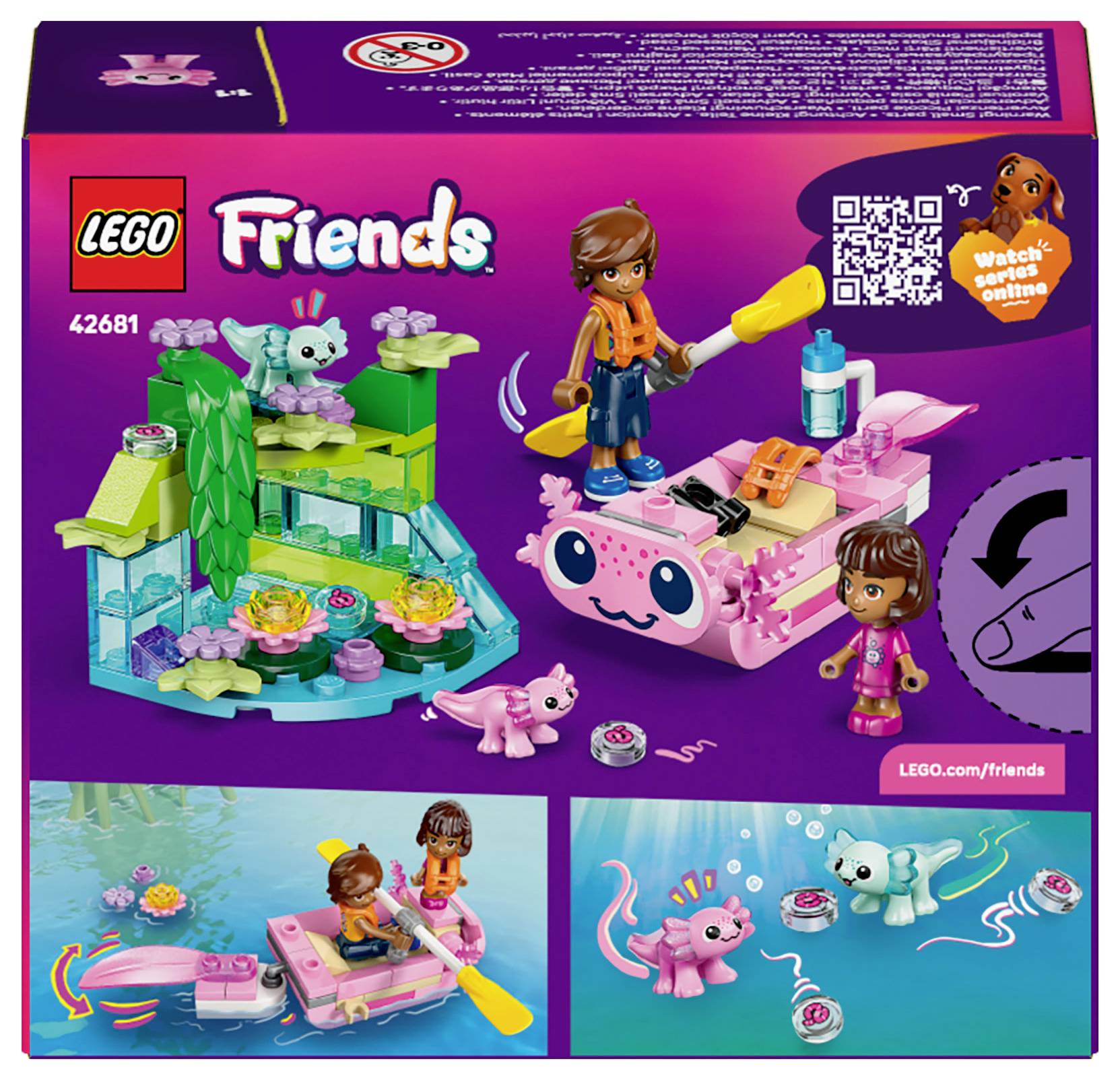 Lego Friends Set 42681 Schachtel zeigt Figuren auf einem pinken Floß und einem grünen Lebensraum mit einem Axolotl. Enthält QR-Code-Link zu einem Online-Video.