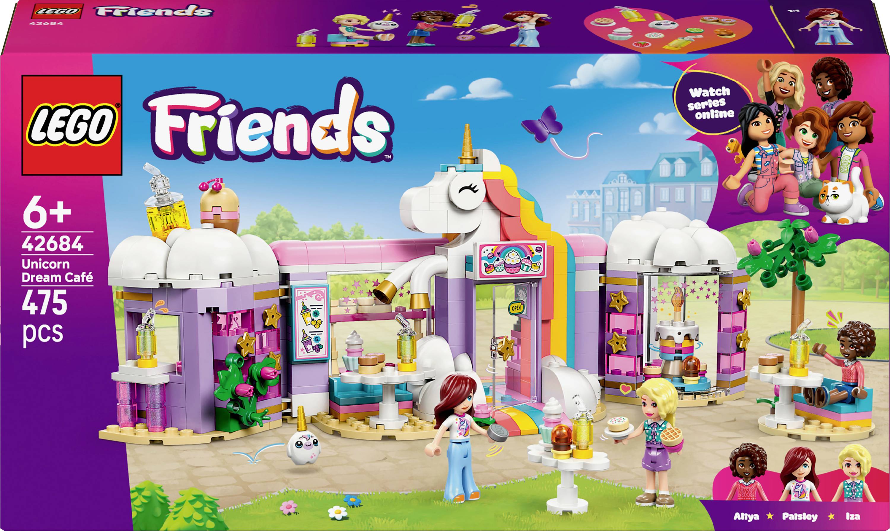 LEGO Friends Einhorn Traum Café-Set für Kinder ab 6 Jahren, mit einem einhorn-thematischen Café, Minifiguren und Zubehör, bestehend aus 475 Teilen.