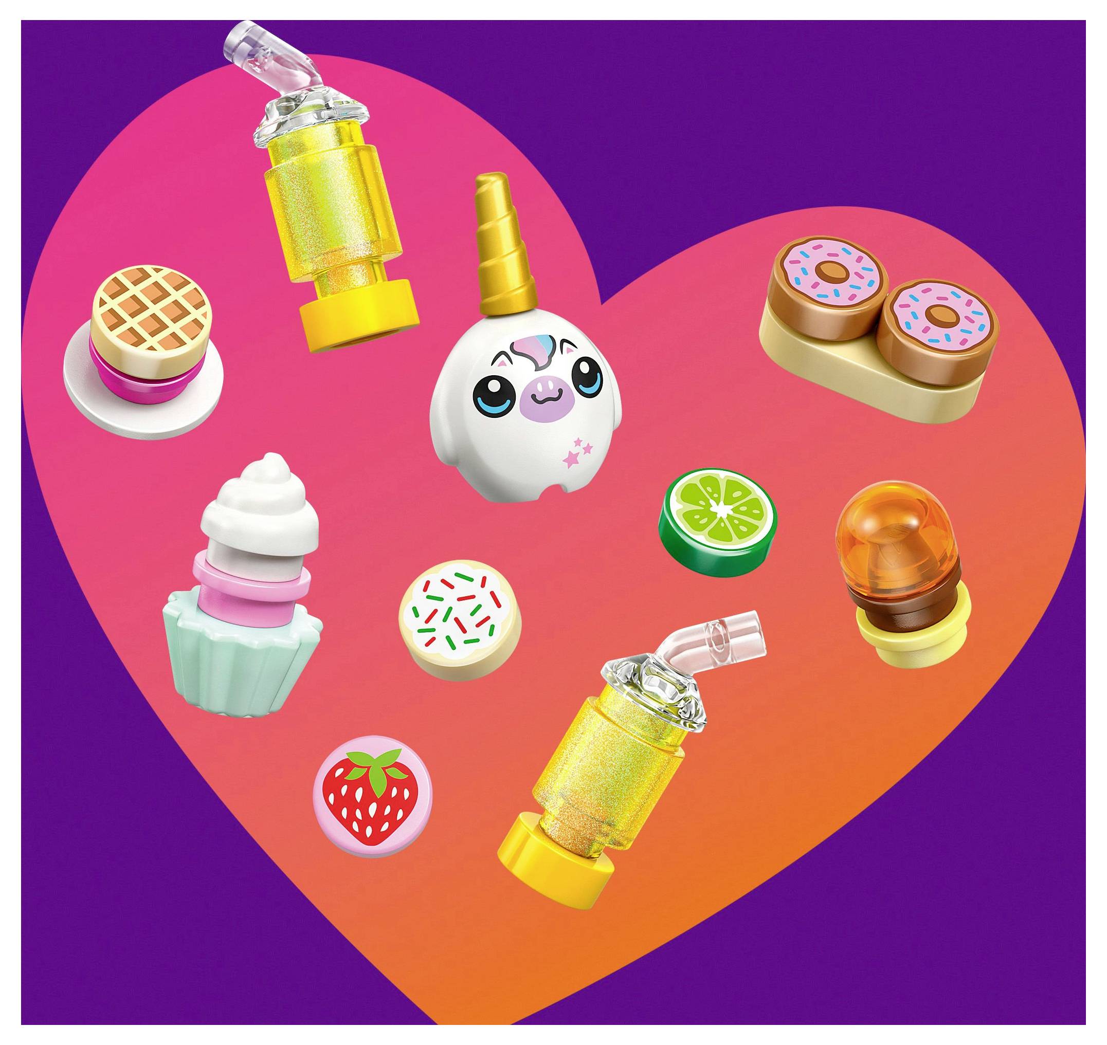 Bunte Spielzeuge mit Lebensmittel-Motiven und einem Einhorn, vor einem lebhaften herzförmigen Hintergrund.