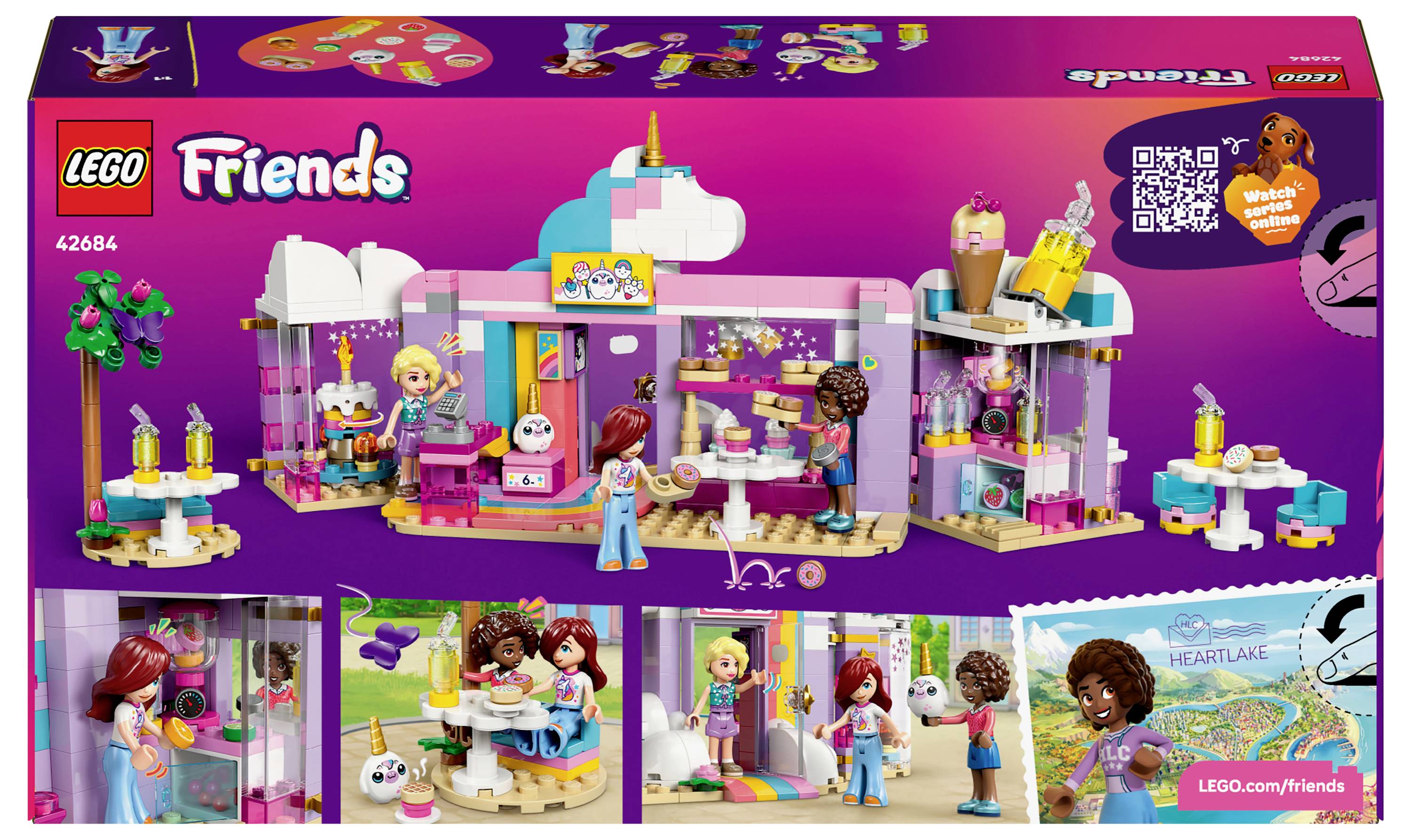 LEGO Friends Spielset-Box mit einer farbenfreudigen Café-Szene, Mini-Puppen und Zubehör. Enthält Bilder von Aktivitäten und eine Karte von Heartlake City.
