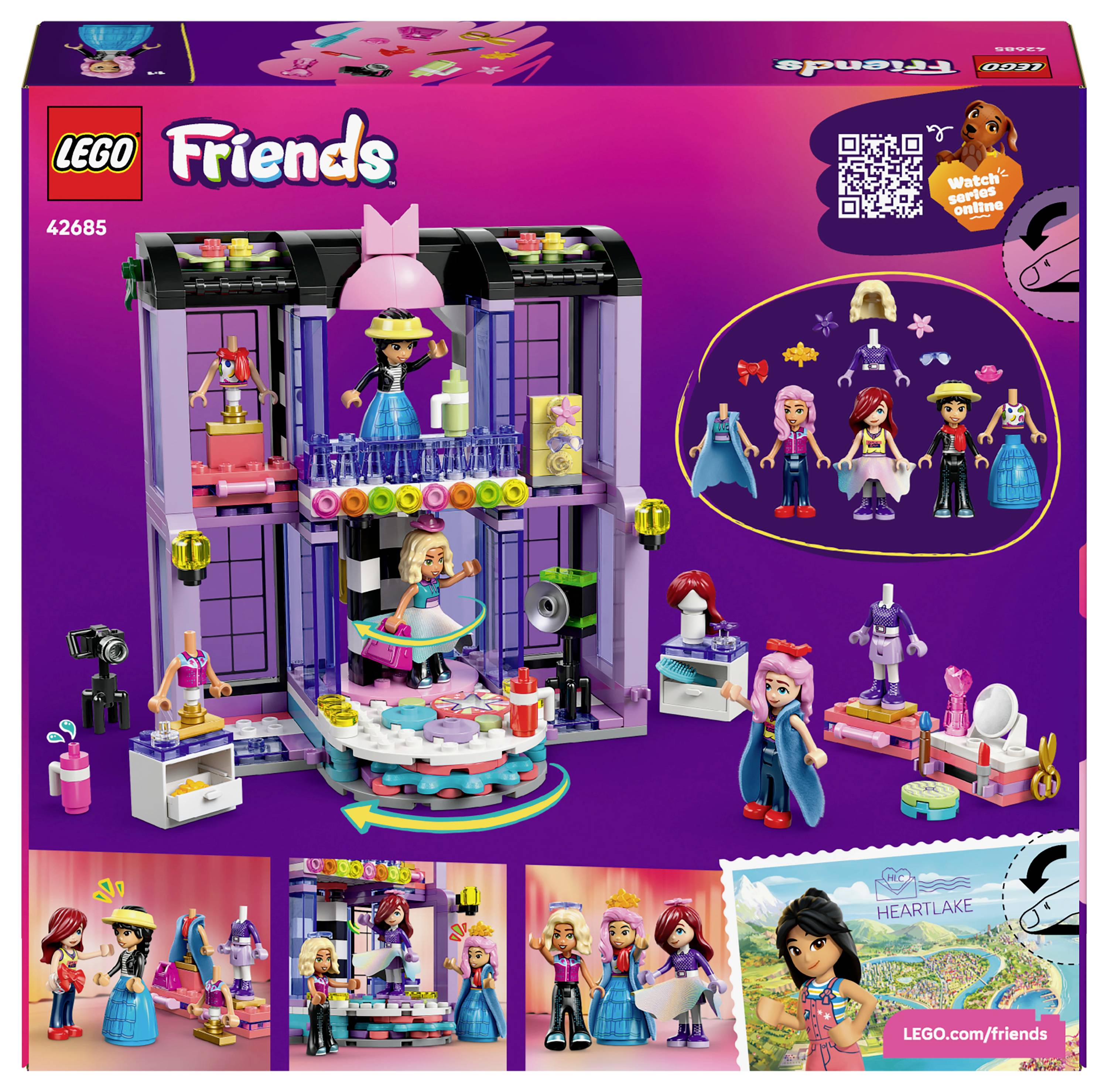 LEGO Friends-Set-Box mit einer detaillierten Darstellung eines Modegeschäfts mit Mini-Puppen, Accessoires und farbenfrohen Ladenelementen.