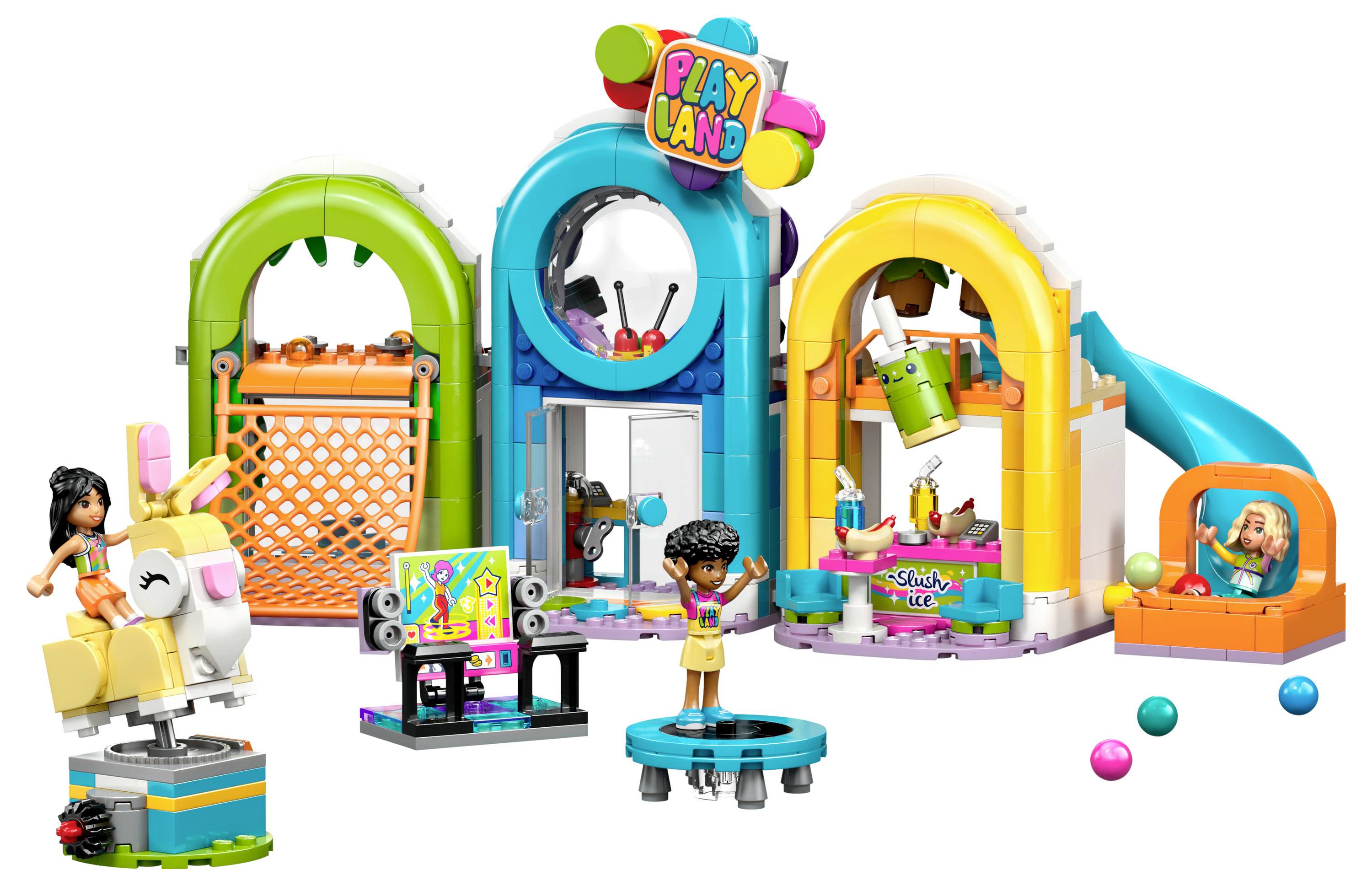 LEGO-Spielelandschaft mit einer bunten Spielhalle, Rutsche, Bällebad und Figuren, die Spiele und Aktivitäten in einer lebhaften Umgebung genießen.